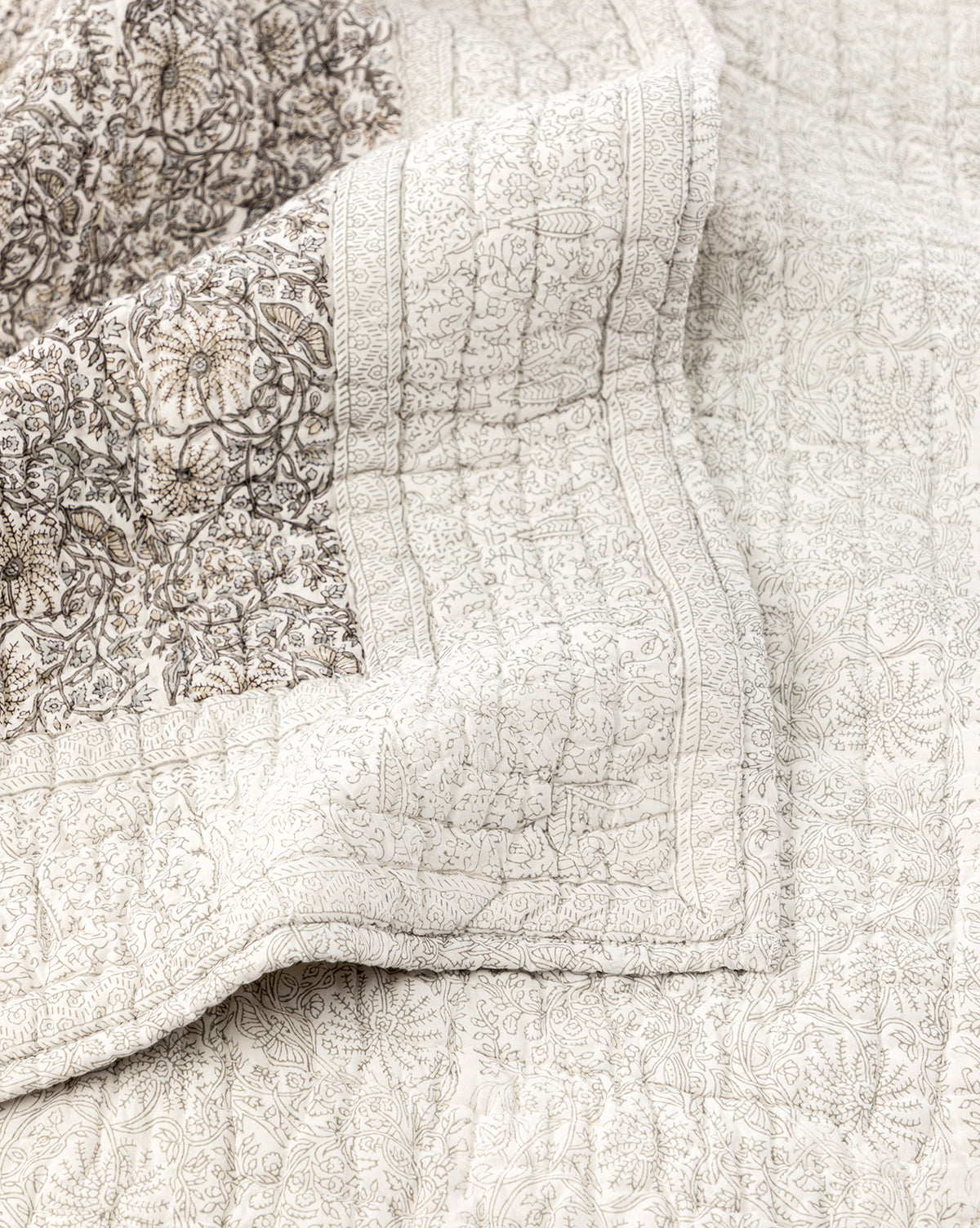 Bela Floral Block Print Quilt  Hand-Quilted, Channel Quilting