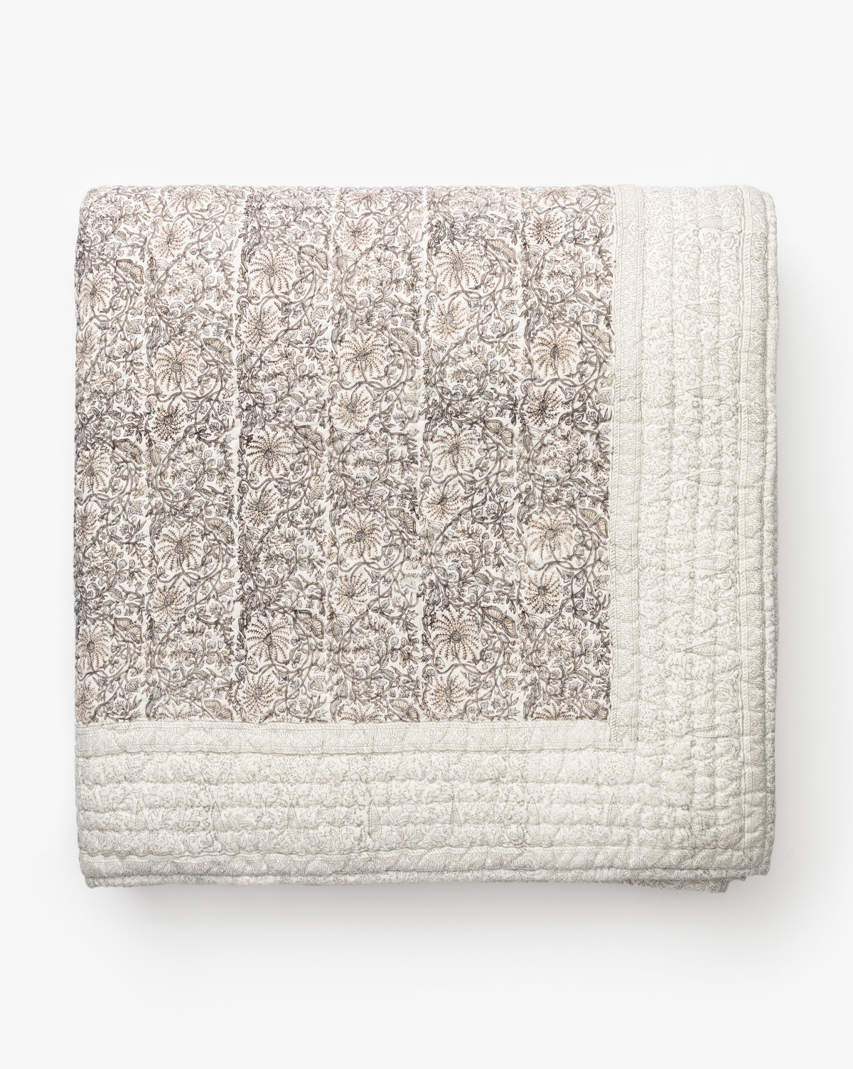 Bela Floral Block Print Quilt  Hand-Quilted, Channel Quilting
