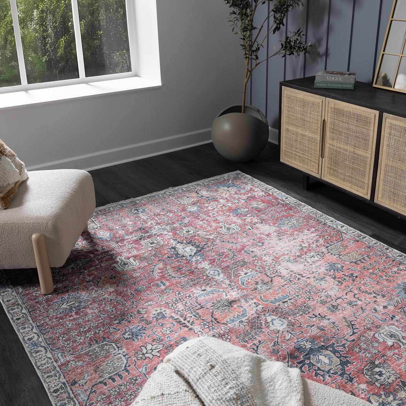 Bela Washable Area Rug  Burgundy Color, Traditional Style