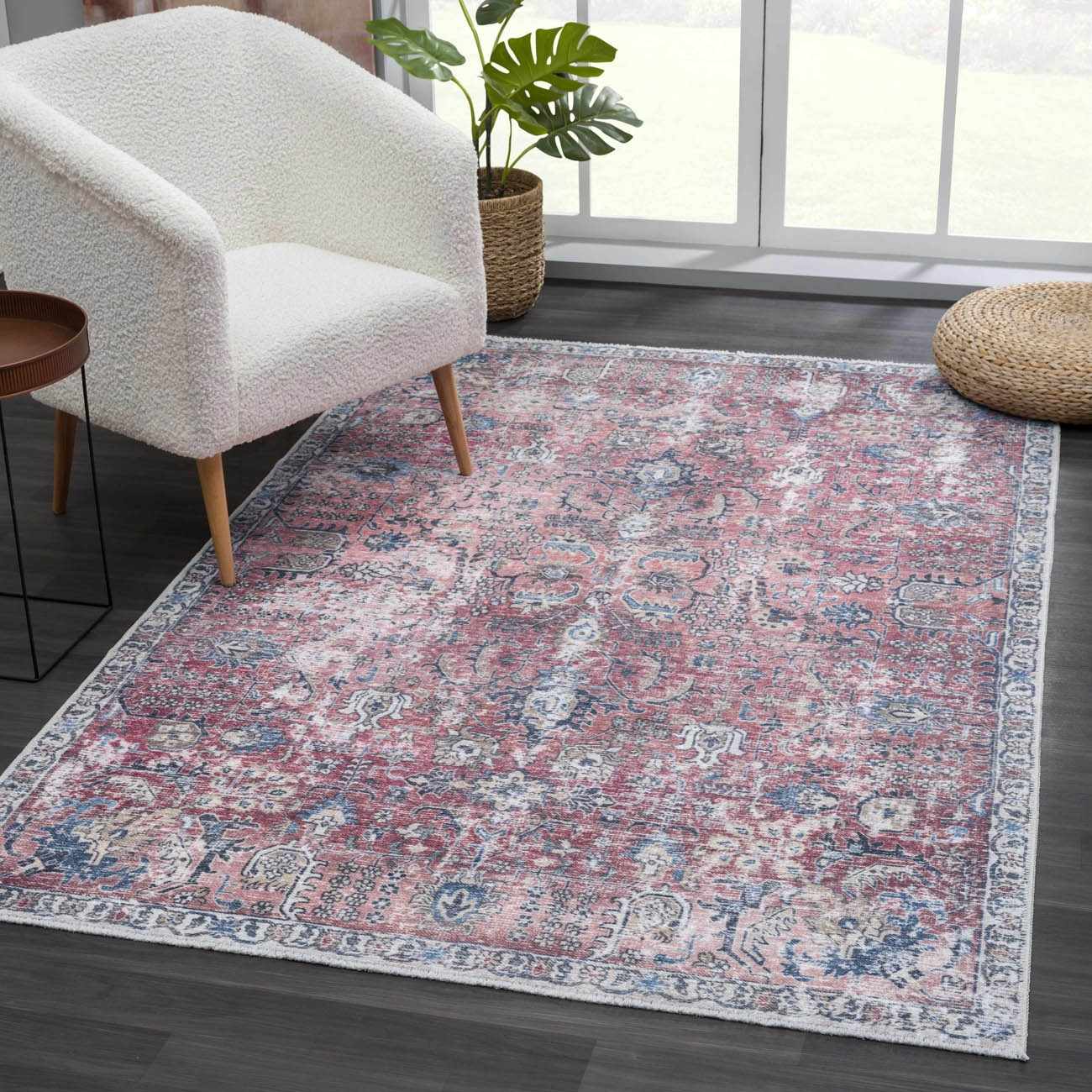 Bela Washable Area Rug  Burgundy Color, Traditional Style
