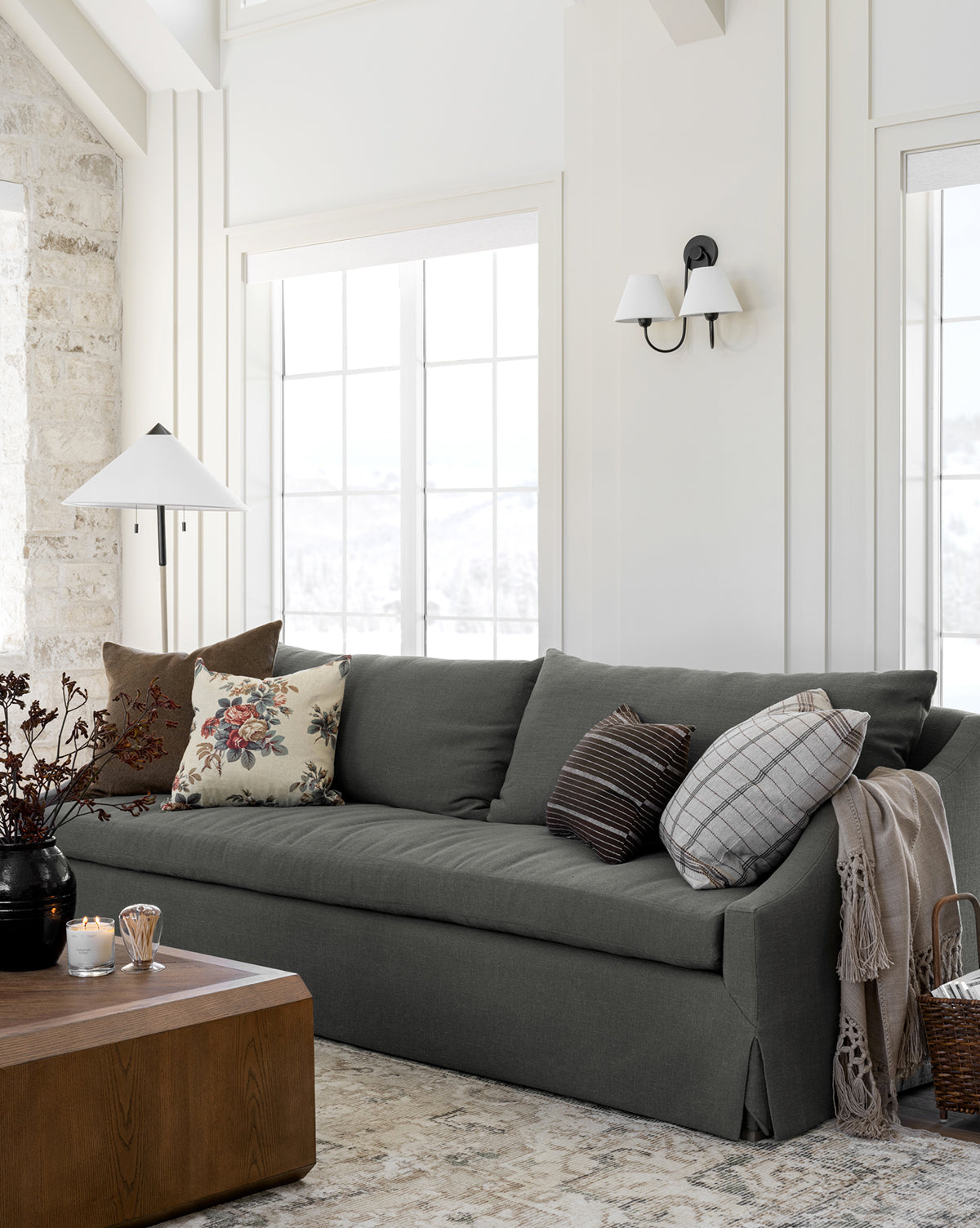 Bramble Double Swoop Sconce  Brass Body, Linen Shades