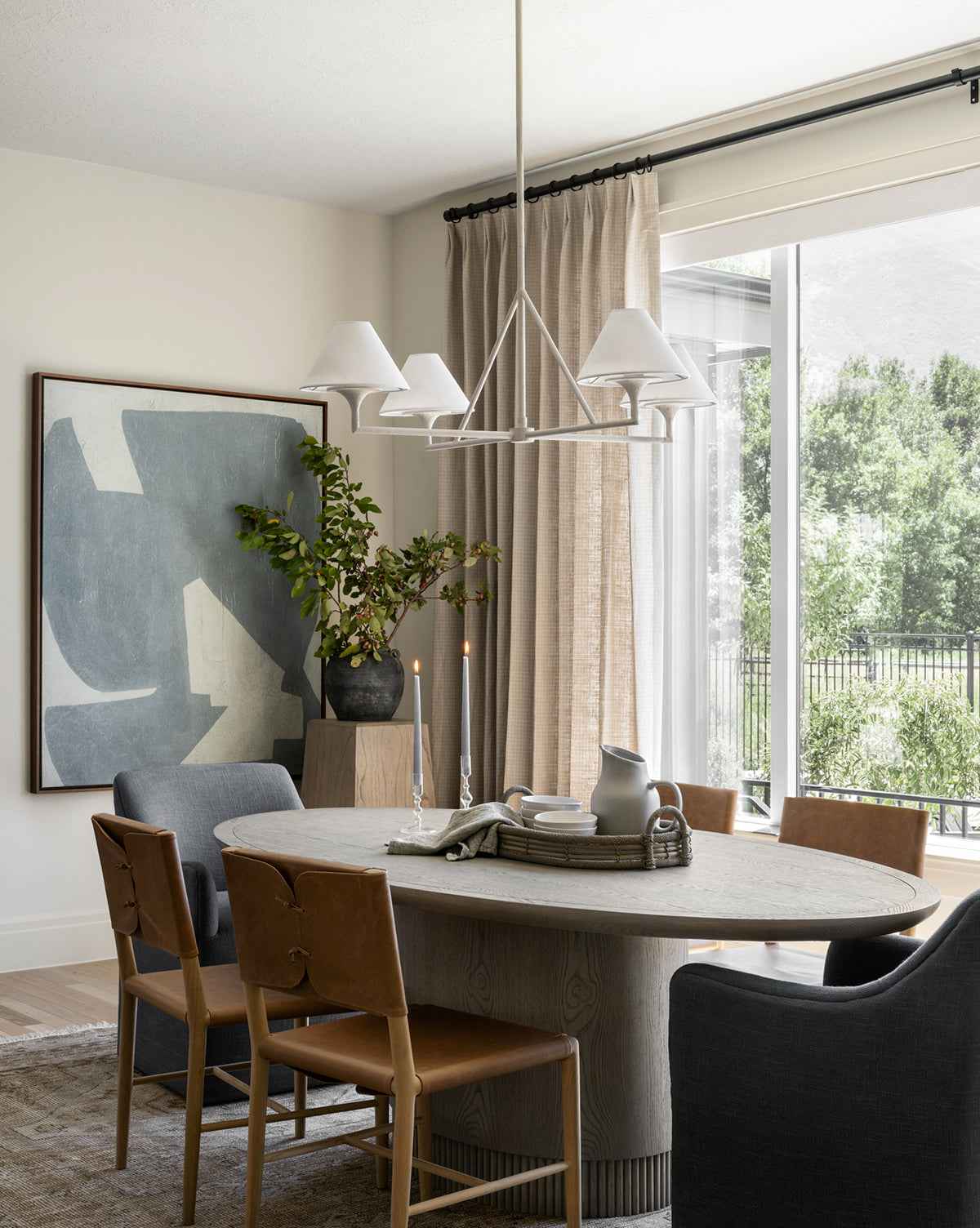 Mira Chandelier  Elegant Metal Structure, Linen Shades