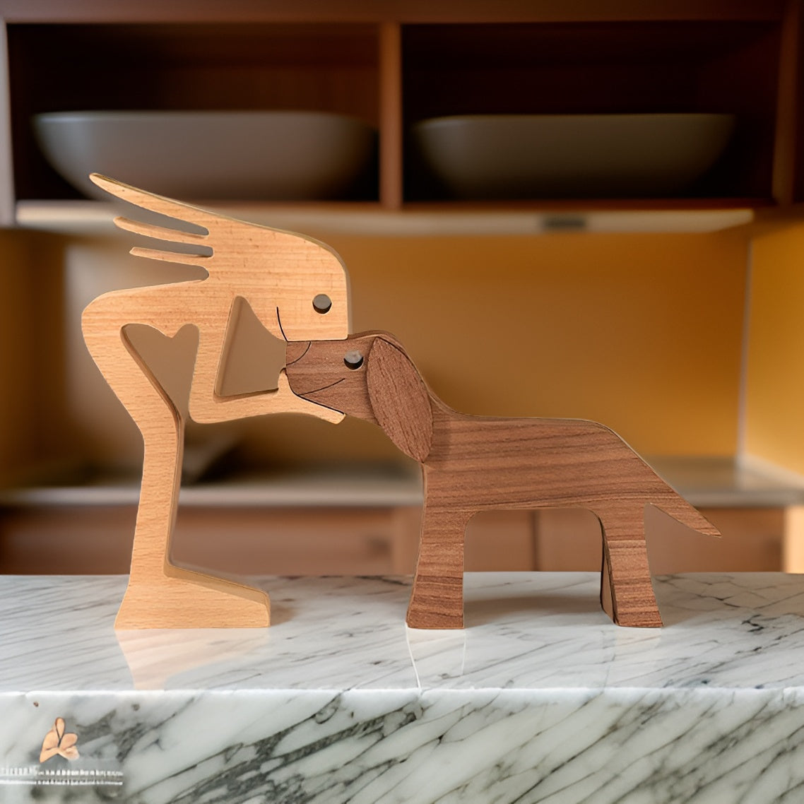 Bento Houten Sculptuur | Minimalistisch Design, Symbolisch Mens-Hond