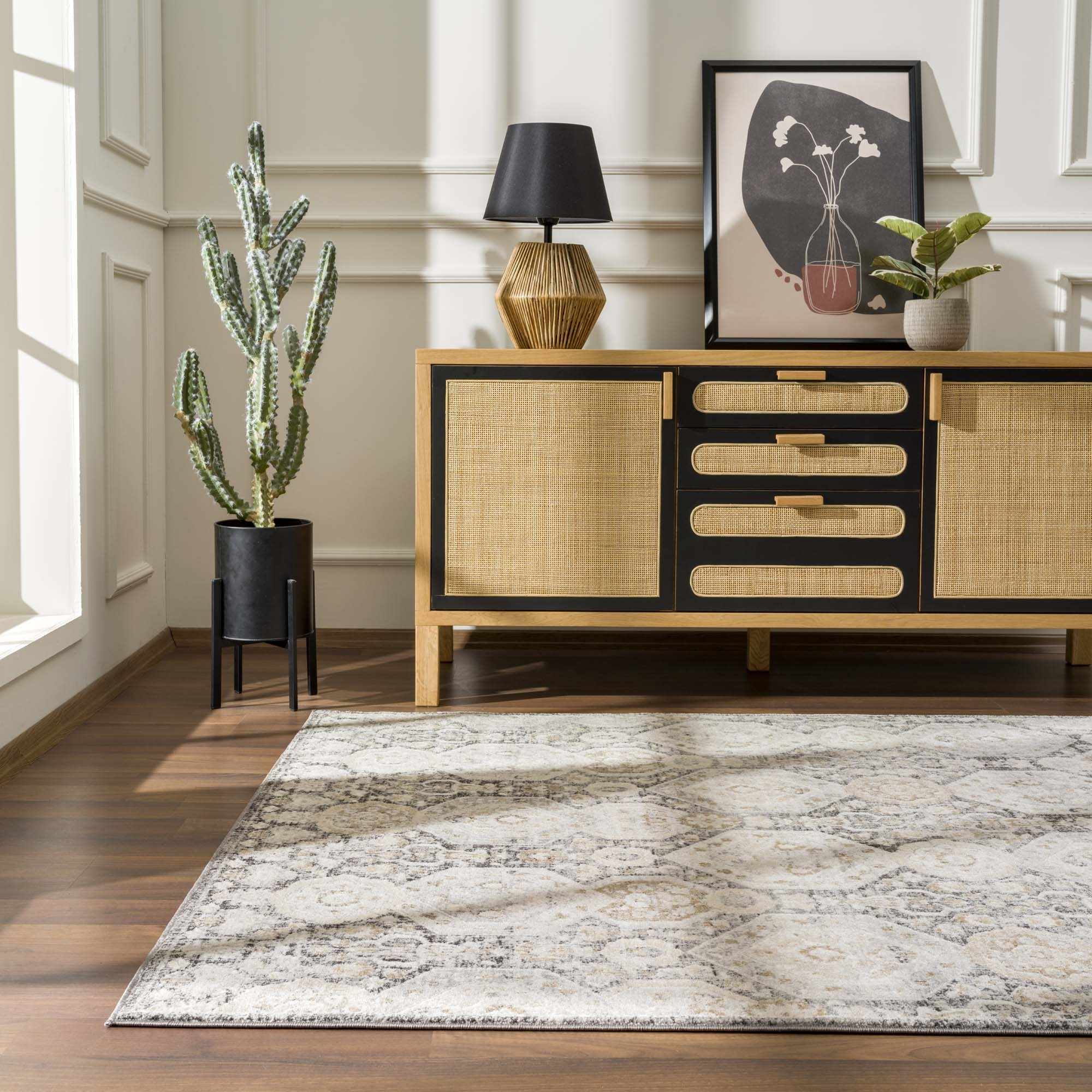 Minoan Area Rug  Traditional Machine Woven  Hexagonal Pattern