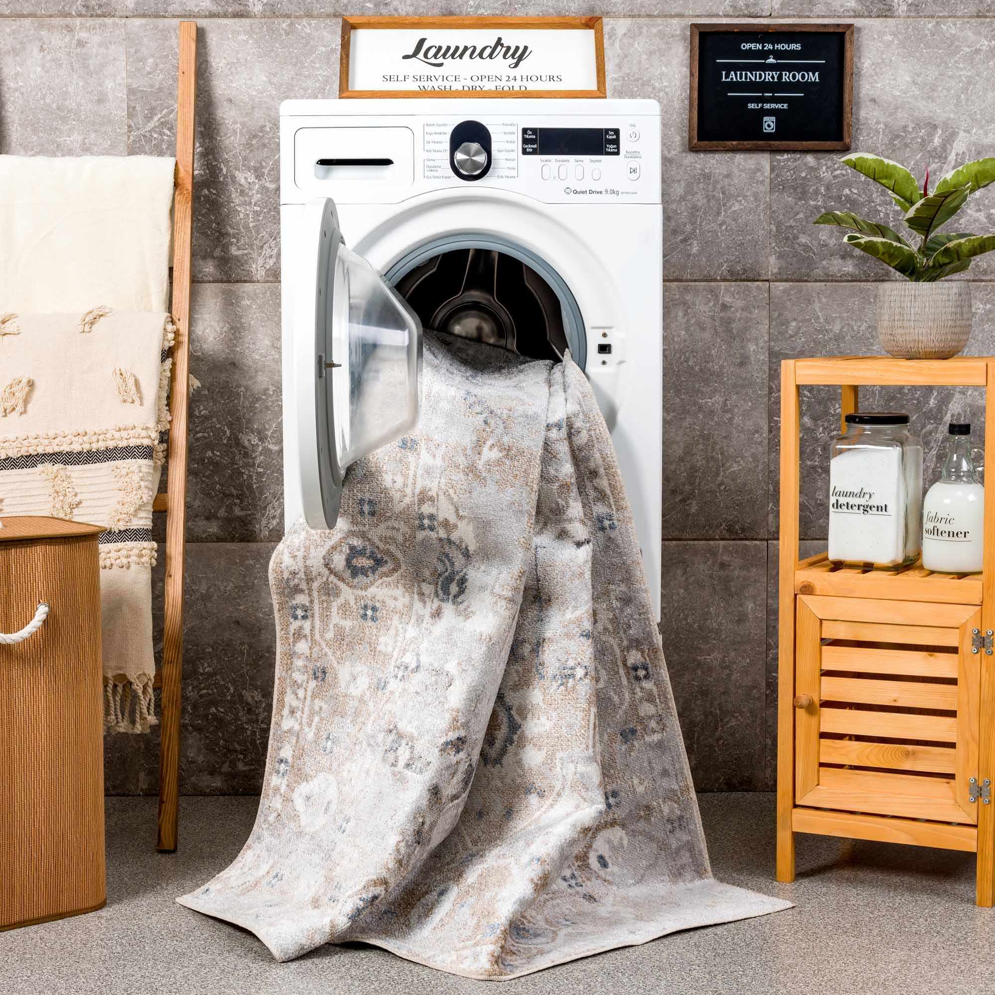 Belo Washable Rug  Machine Woven  Off White, Blue, Tan