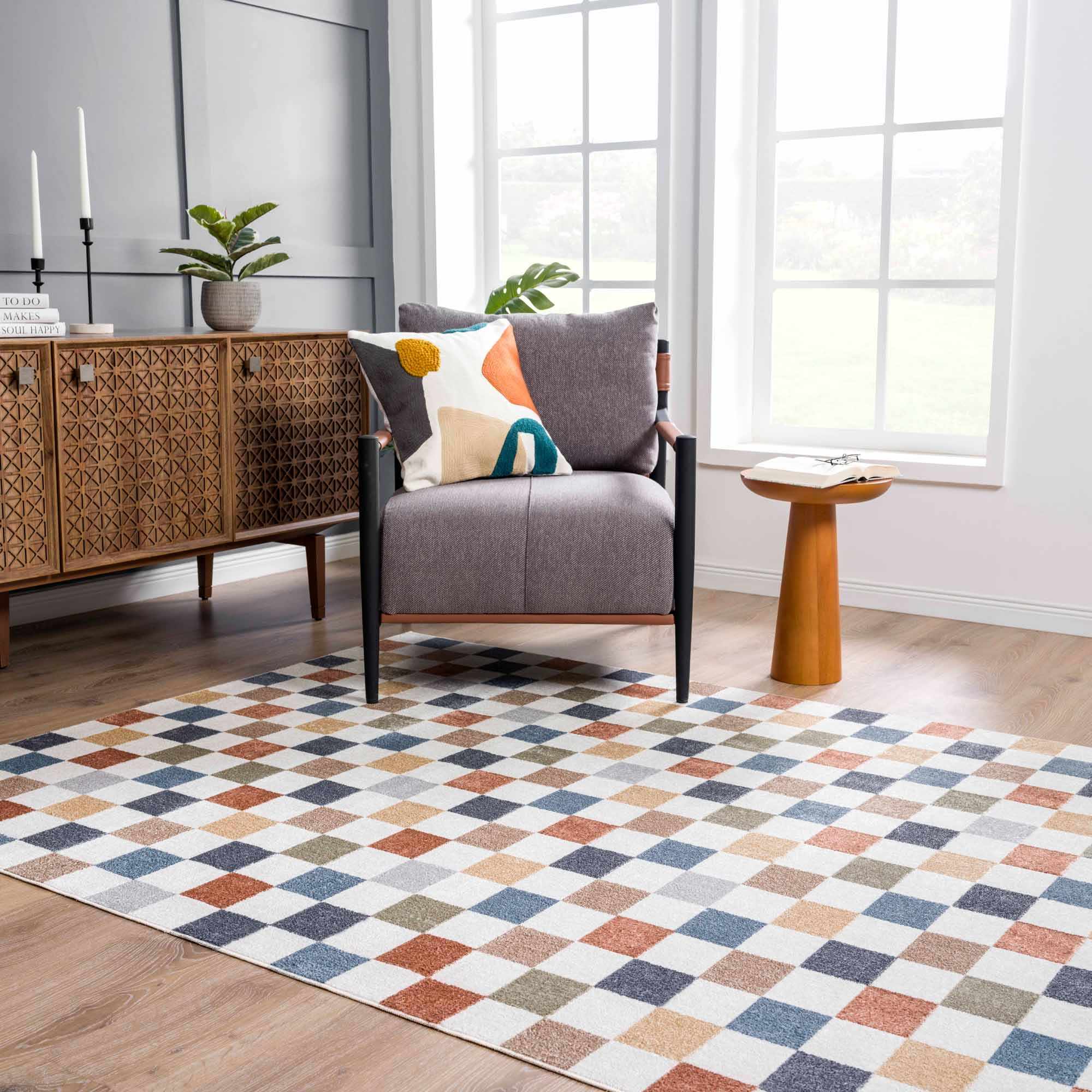 Bello Colorful Checkered Rug  Machine Washable, Medium Pile