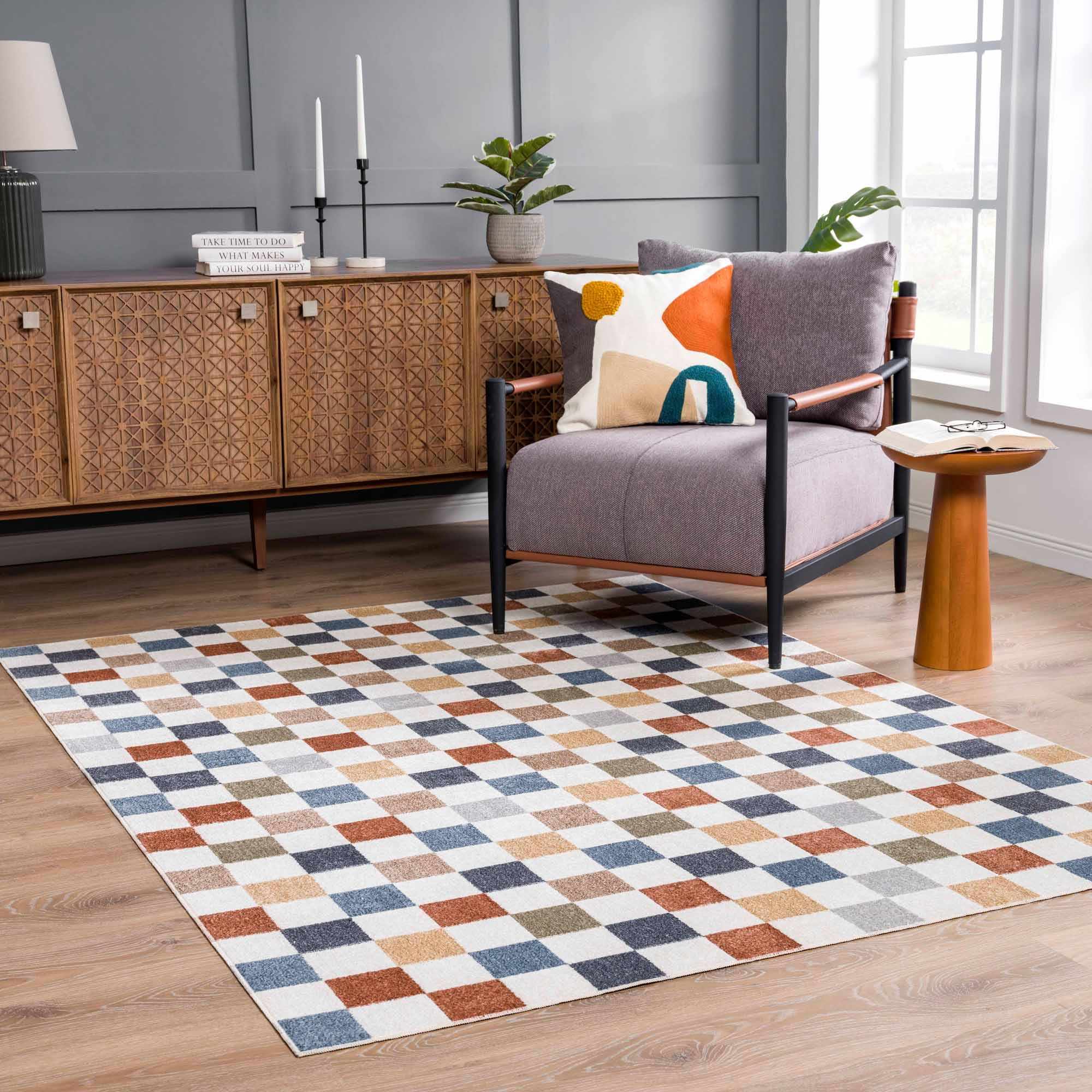 Bello Colorful Checkered Rug  Machine Washable, Medium Pile