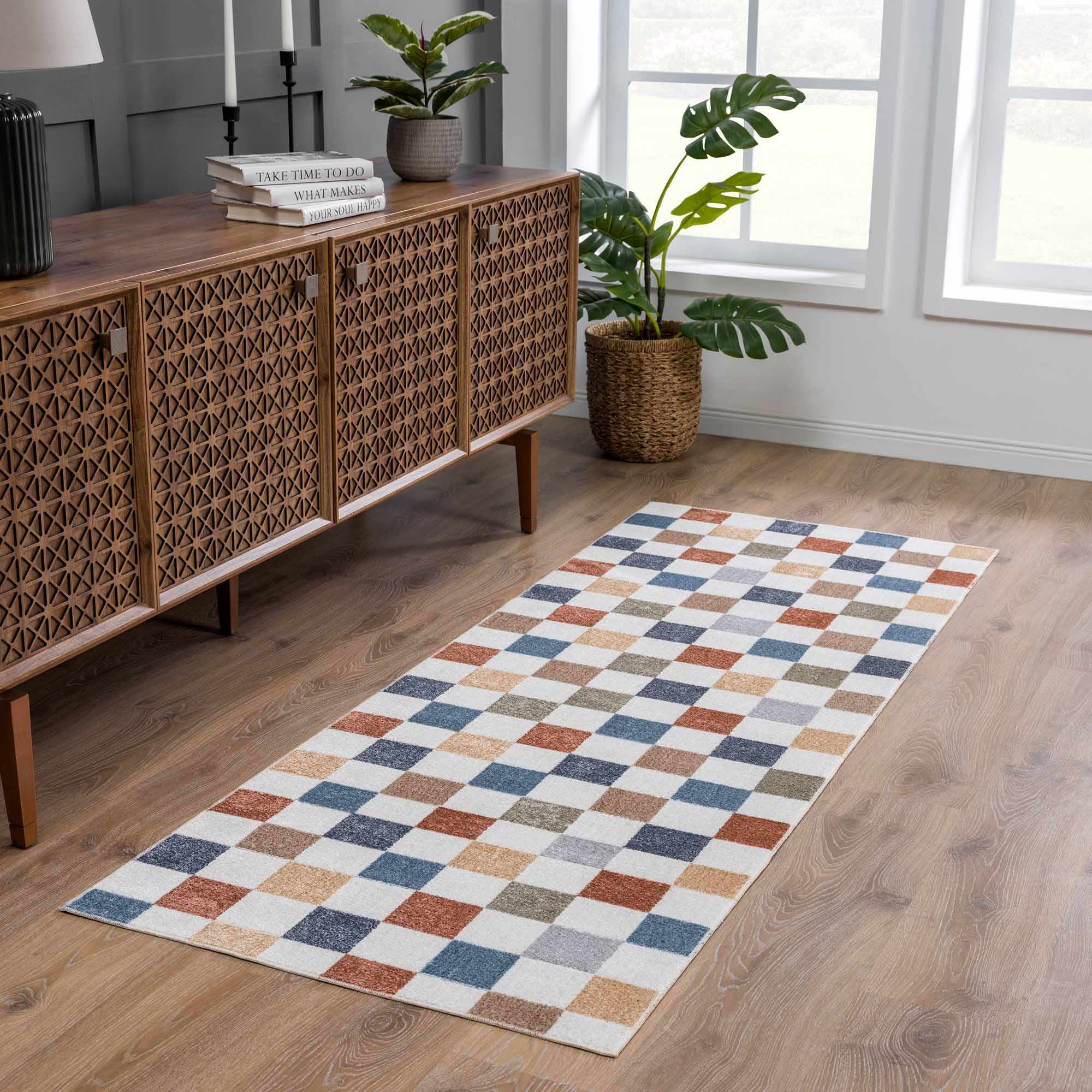 Bello Colorful Checkered Rug  Machine Washable, Medium Pile