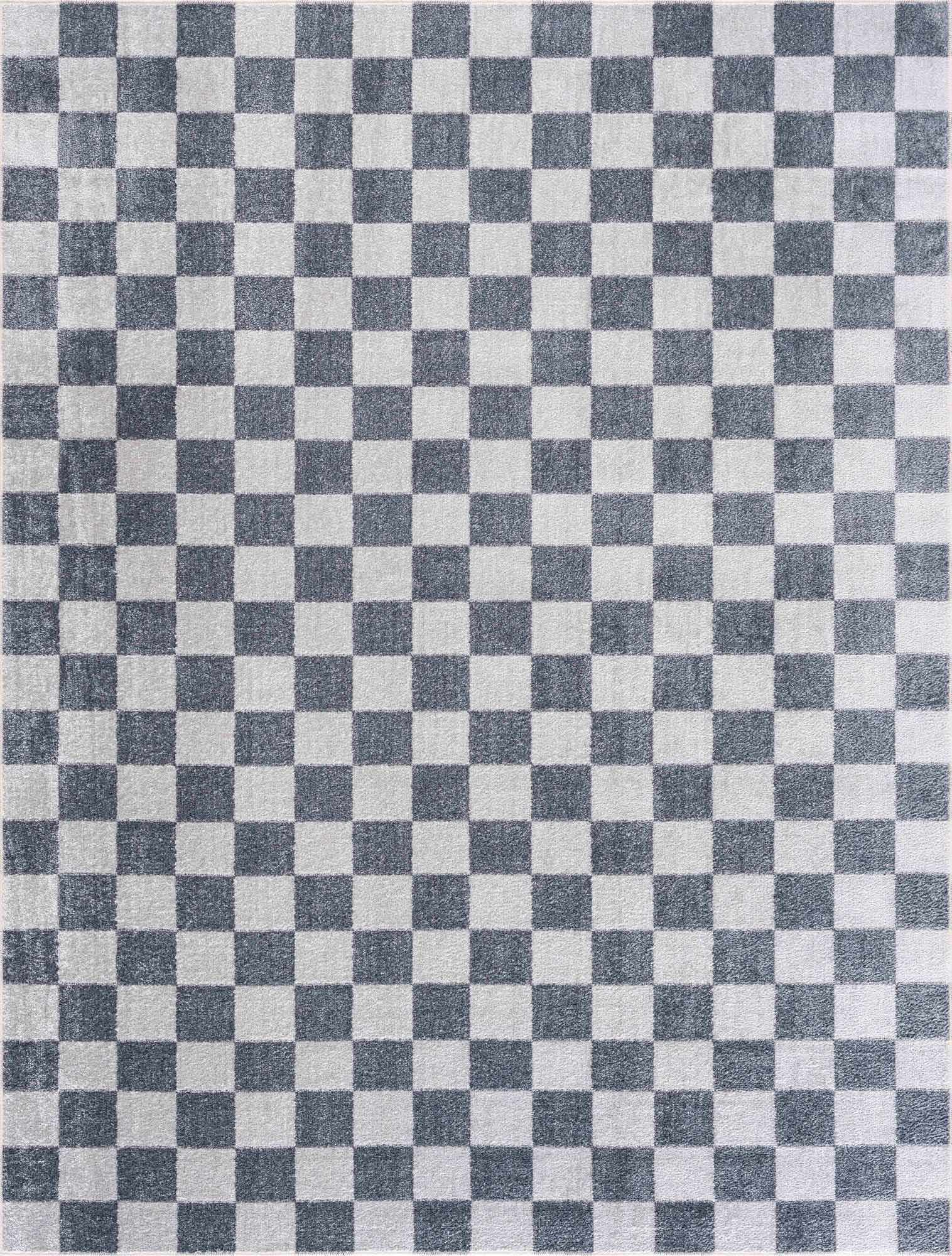 Bela Checkered Rug  Machine Washable  Blue Gray Ivory