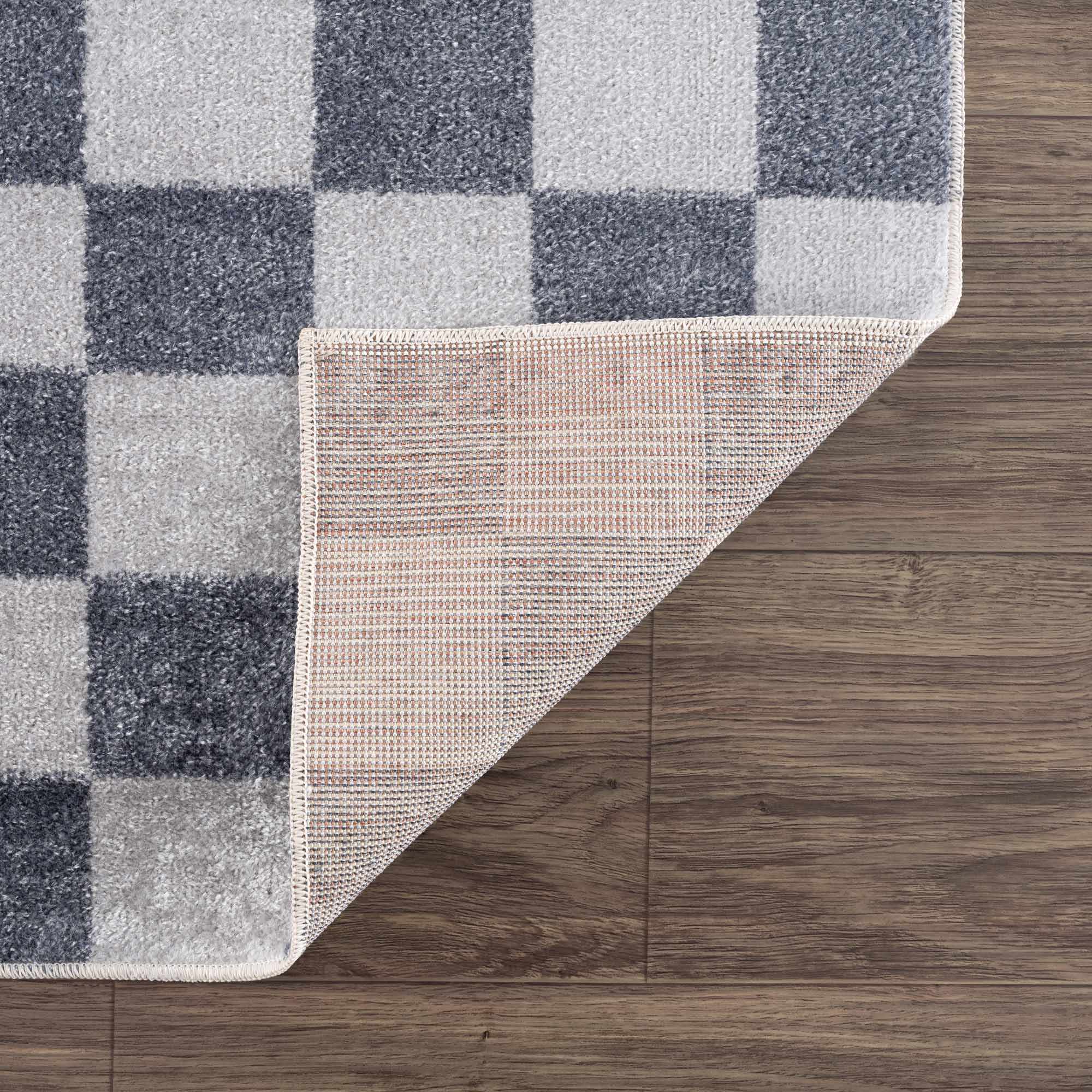 Bela Checkered Rug  Machine Washable  Blue Gray Ivory