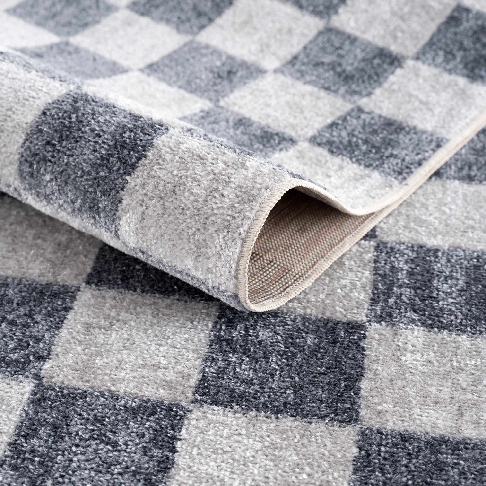 Bela Checkered Rug  Machine Washable  Blue Gray Ivory