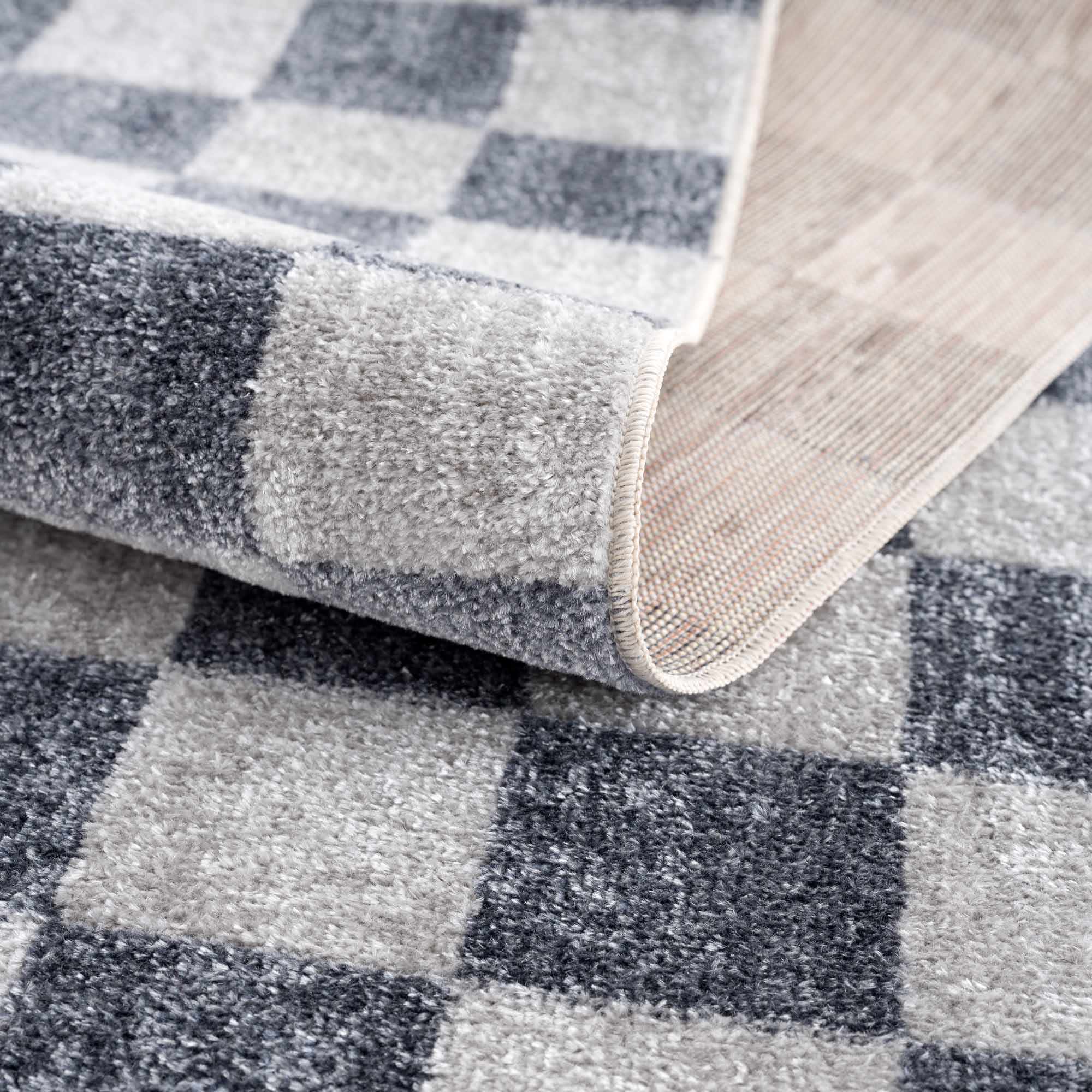 Bela Checkered Rug  Machine Washable  Blue Gray Ivory