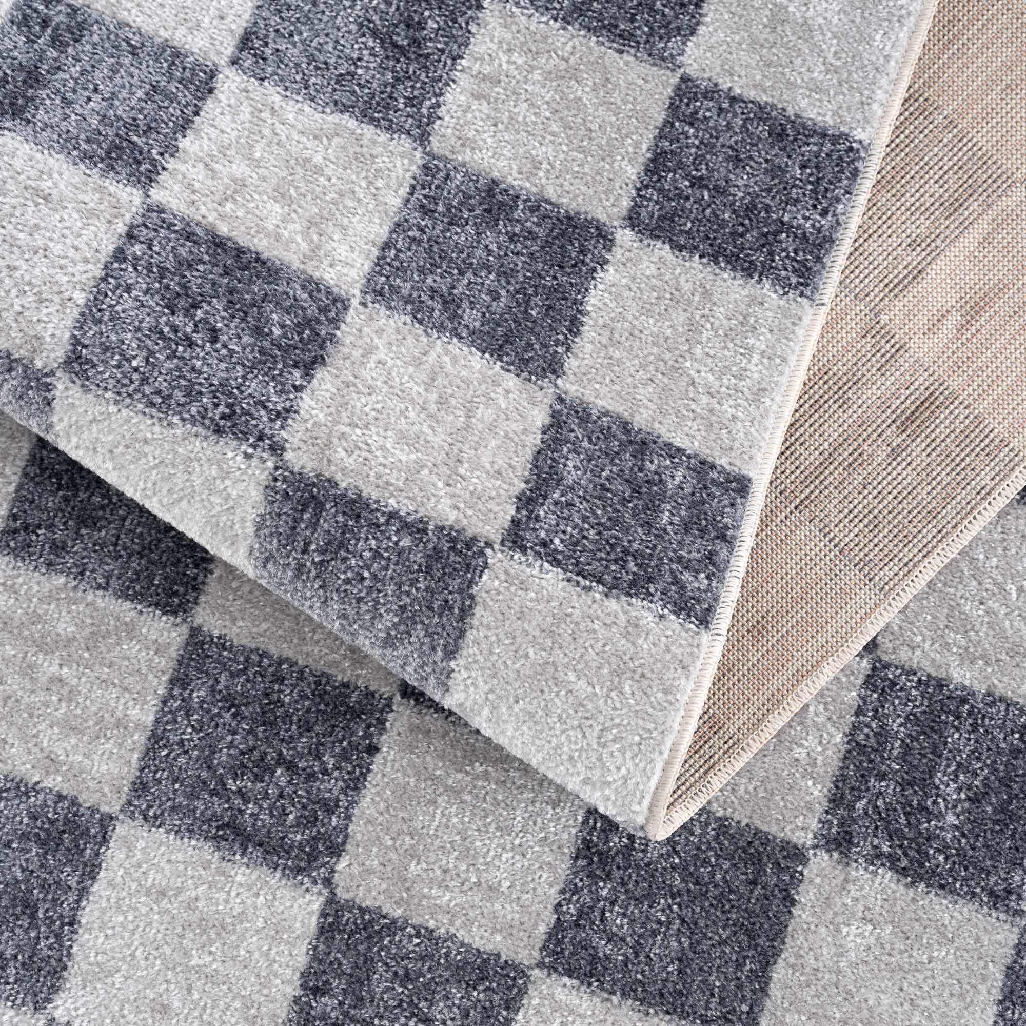 Bela Checkered Rug  Machine Washable  Blue Gray Ivory