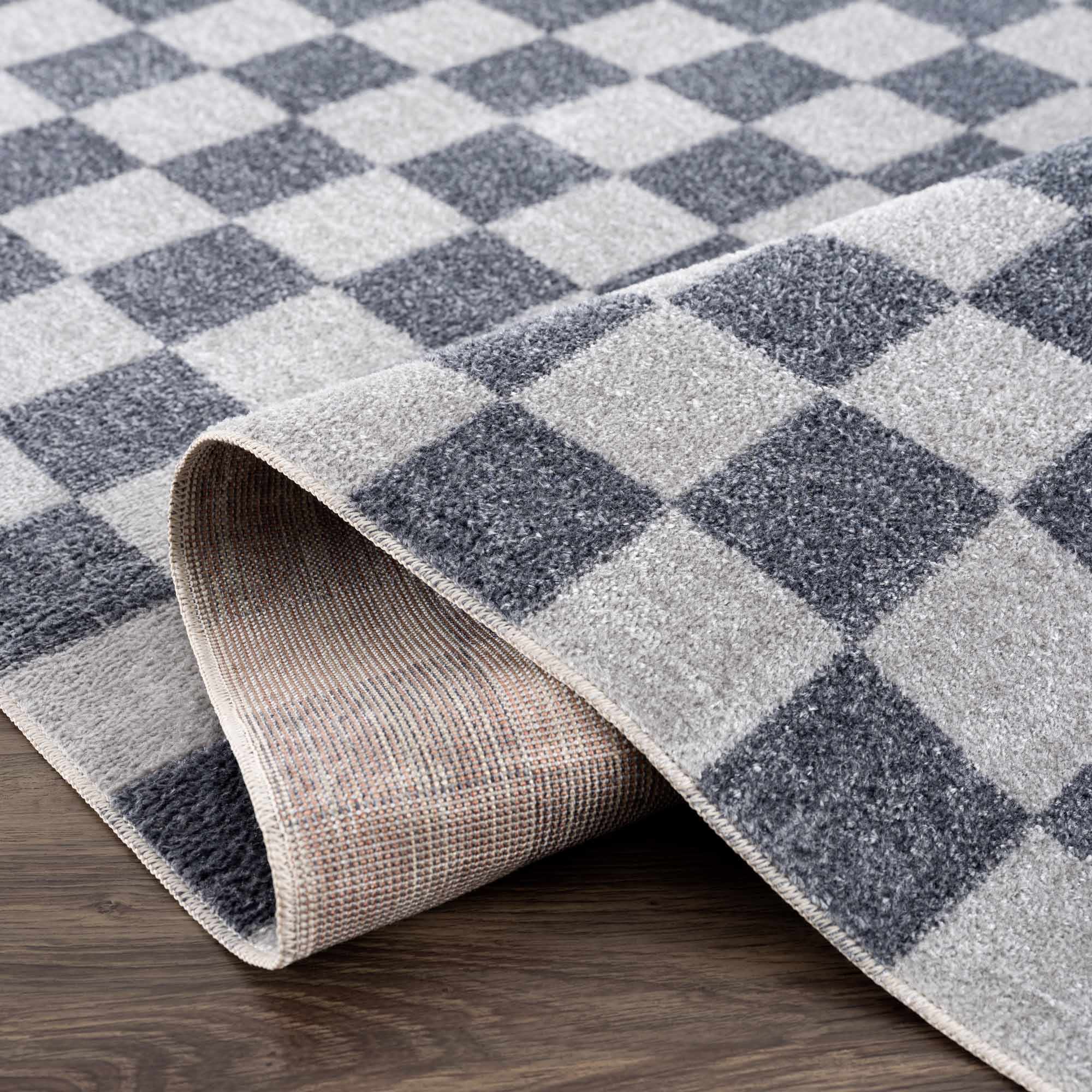 Bela Checkered Rug  Machine Washable  Blue Gray Ivory
