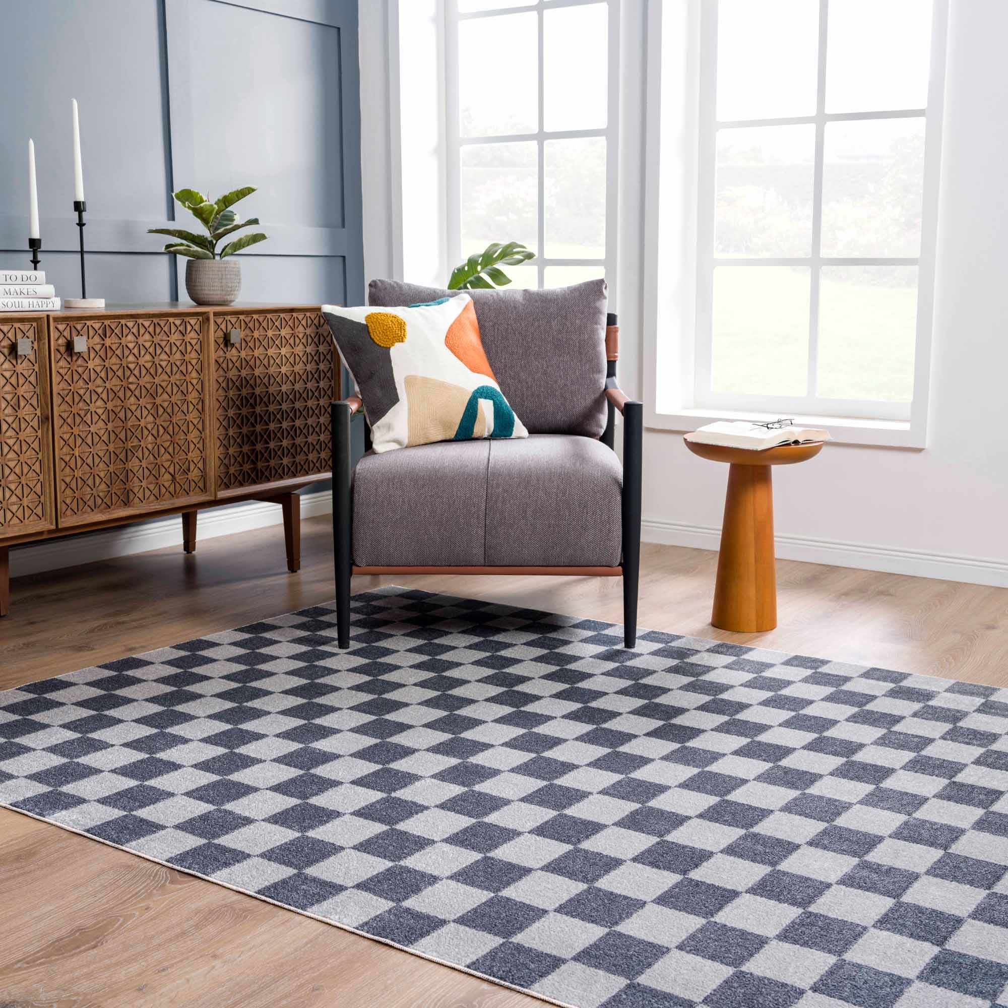 Bela Checkered Rug  Machine Washable  Blue Gray Ivory