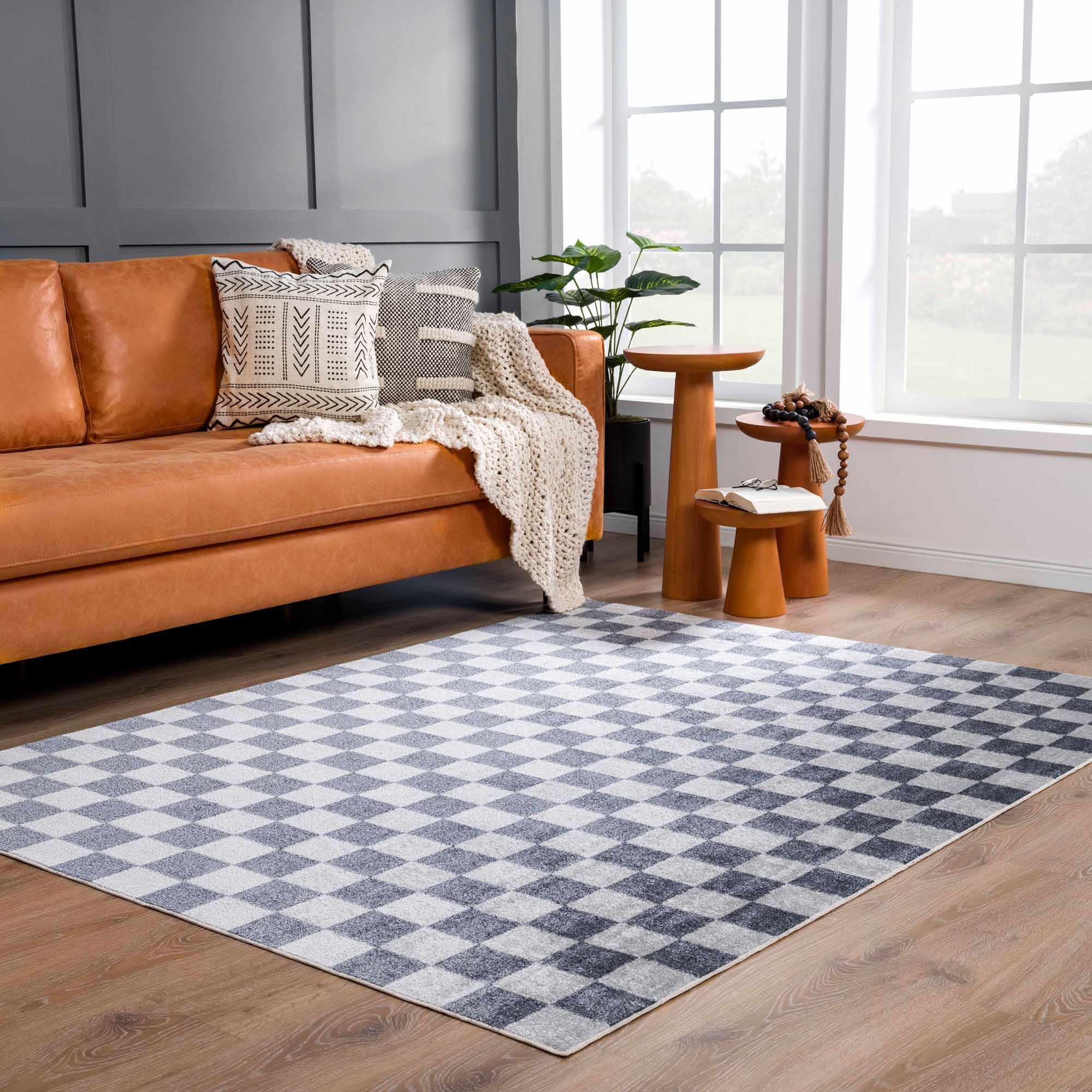 Bela Checkered Rug  Machine Washable  Blue Gray Ivory