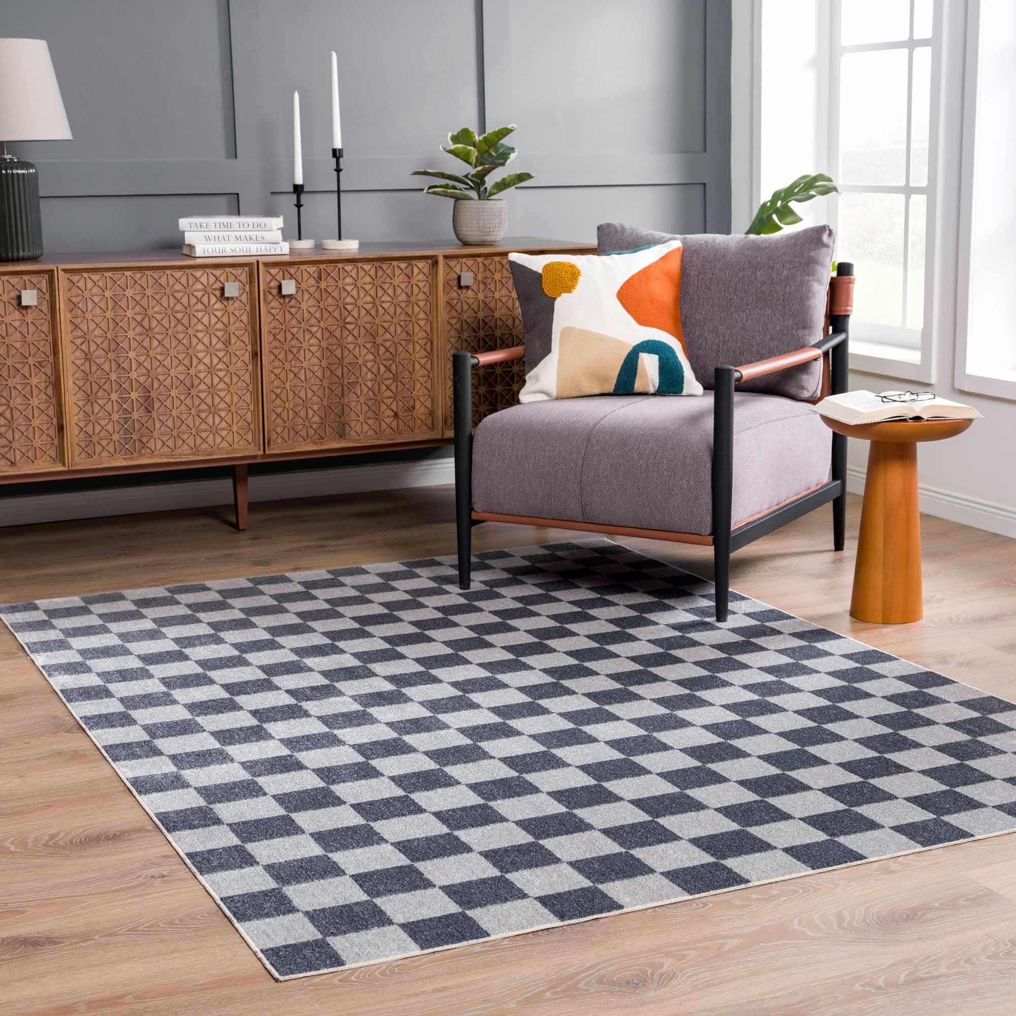 Bela Checkered Rug  Machine Washable  Blue Gray Ivory