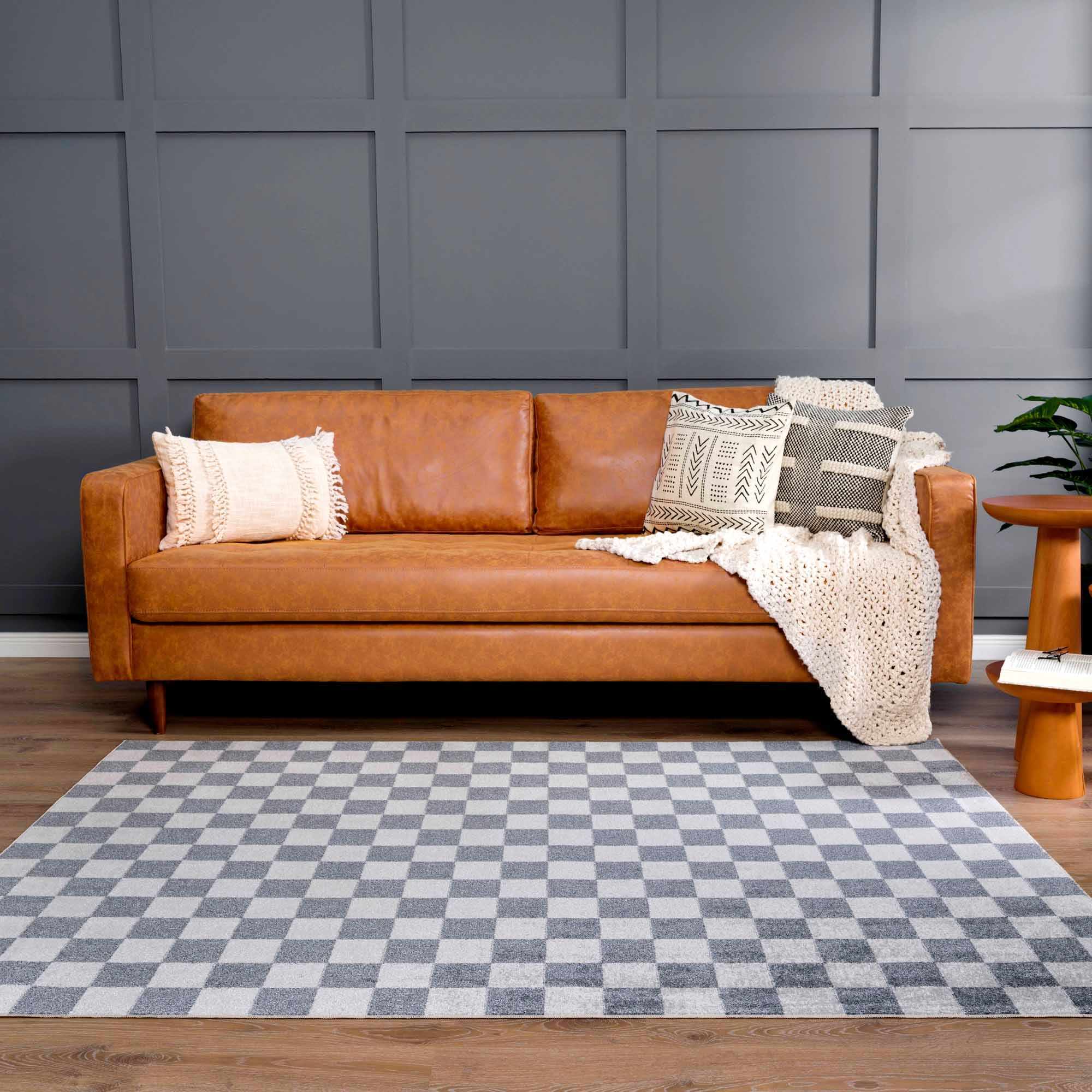 Bela Checkered Rug  Machine Washable  Blue Gray Ivory