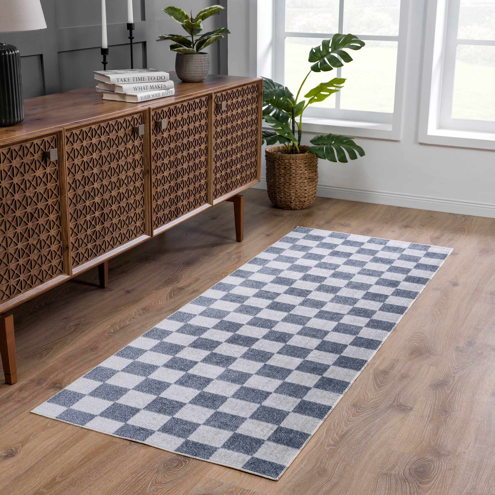 Bela Checkered Rug  Machine Washable  Blue Gray Ivory