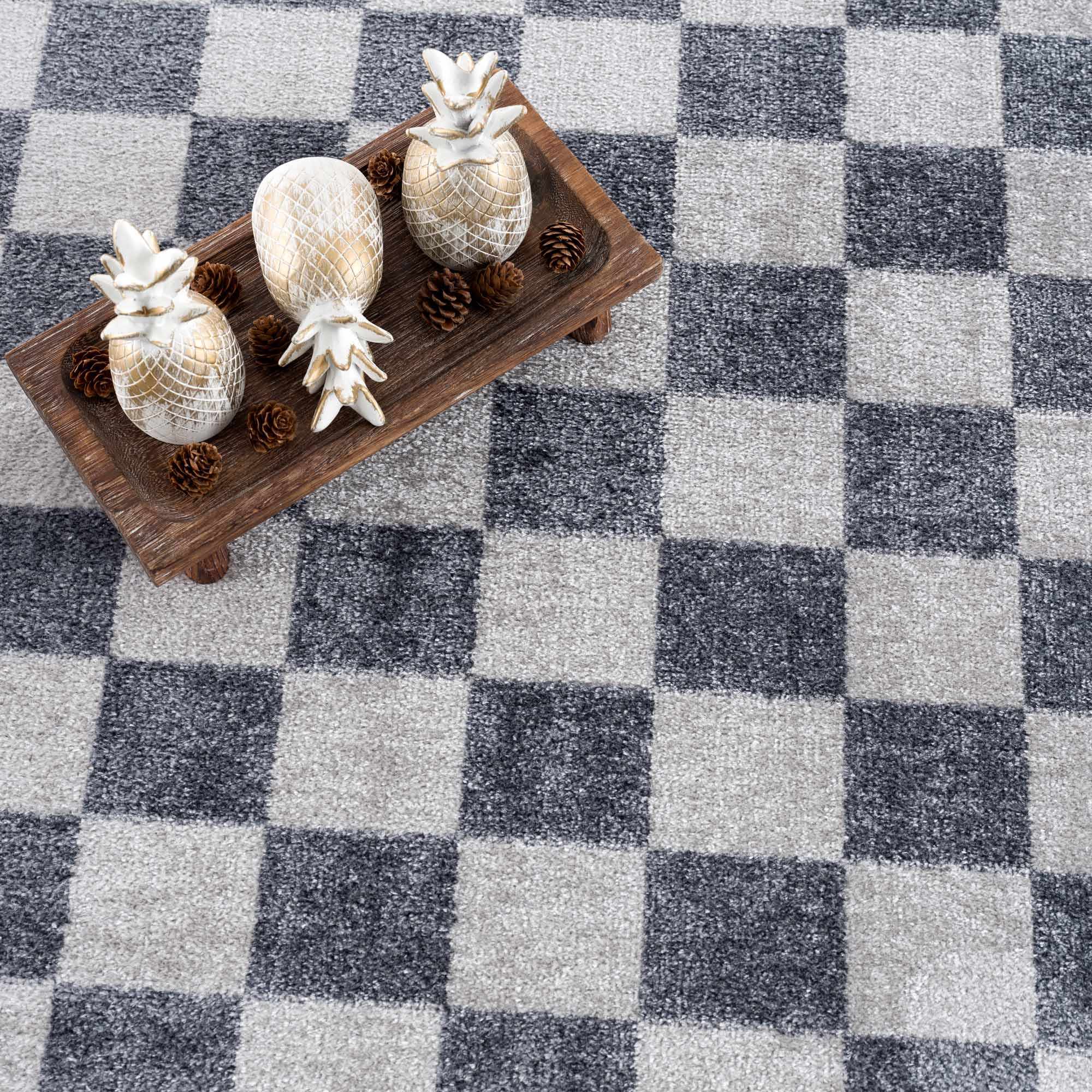 Bela Checkered Rug  Machine Washable  Blue Gray Ivory
