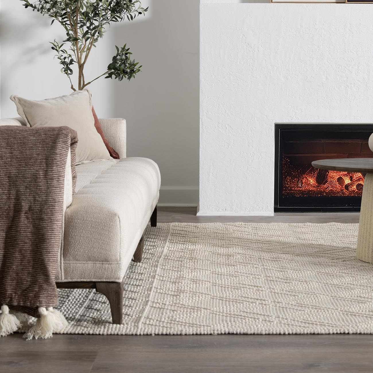 Bela Trellis Wool Rug  Hand-Woven Cotton Blend, Ivory Beige