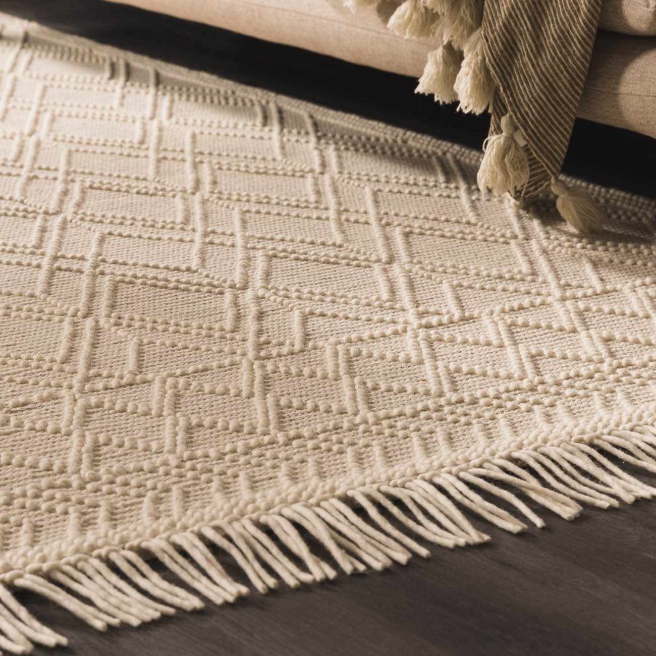 Bela Trellis Wool Rug  Hand-Woven Cotton Blend, Ivory Beige