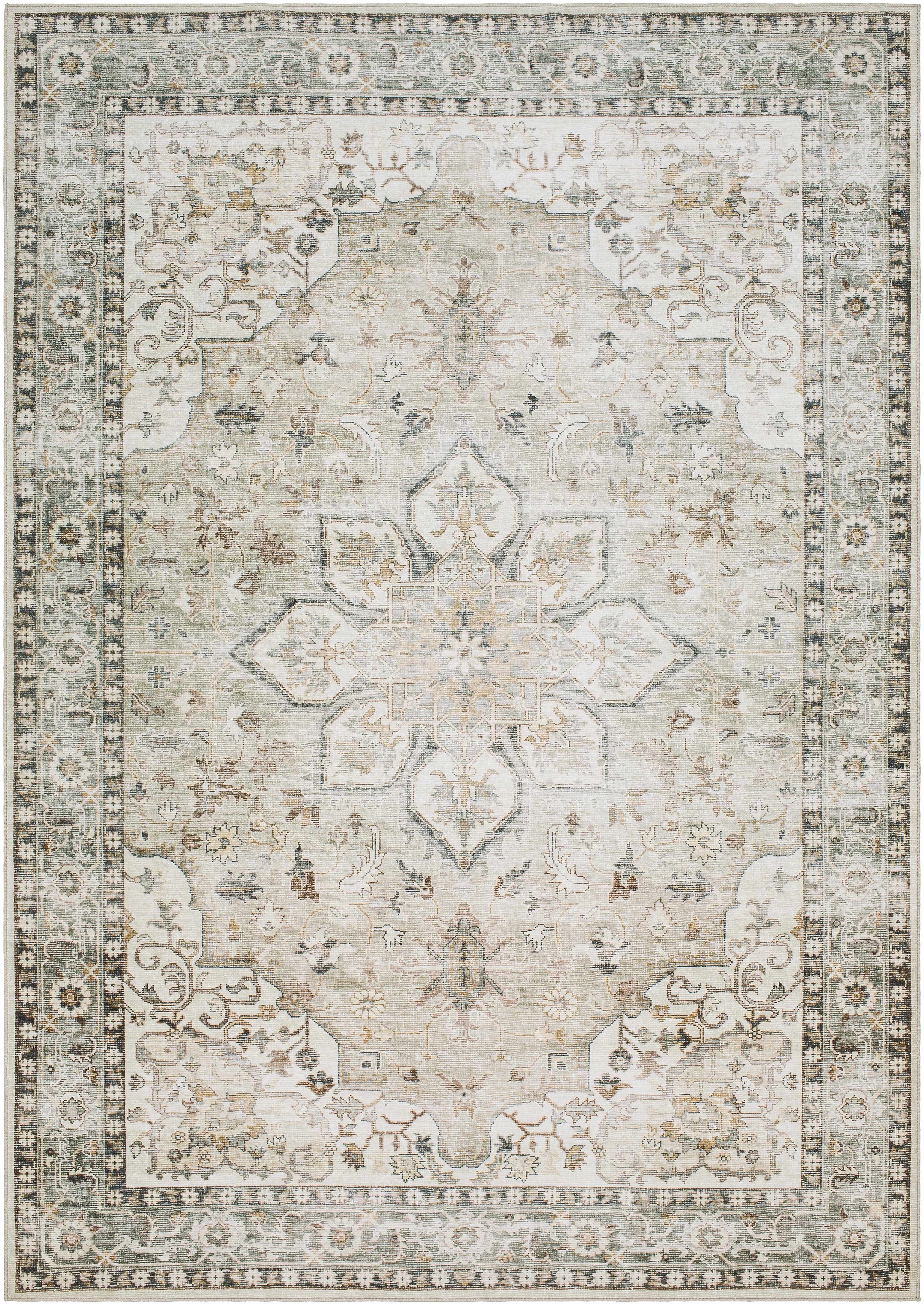Luxe Sage Medallion Area Rug  Machine Washable Polyester