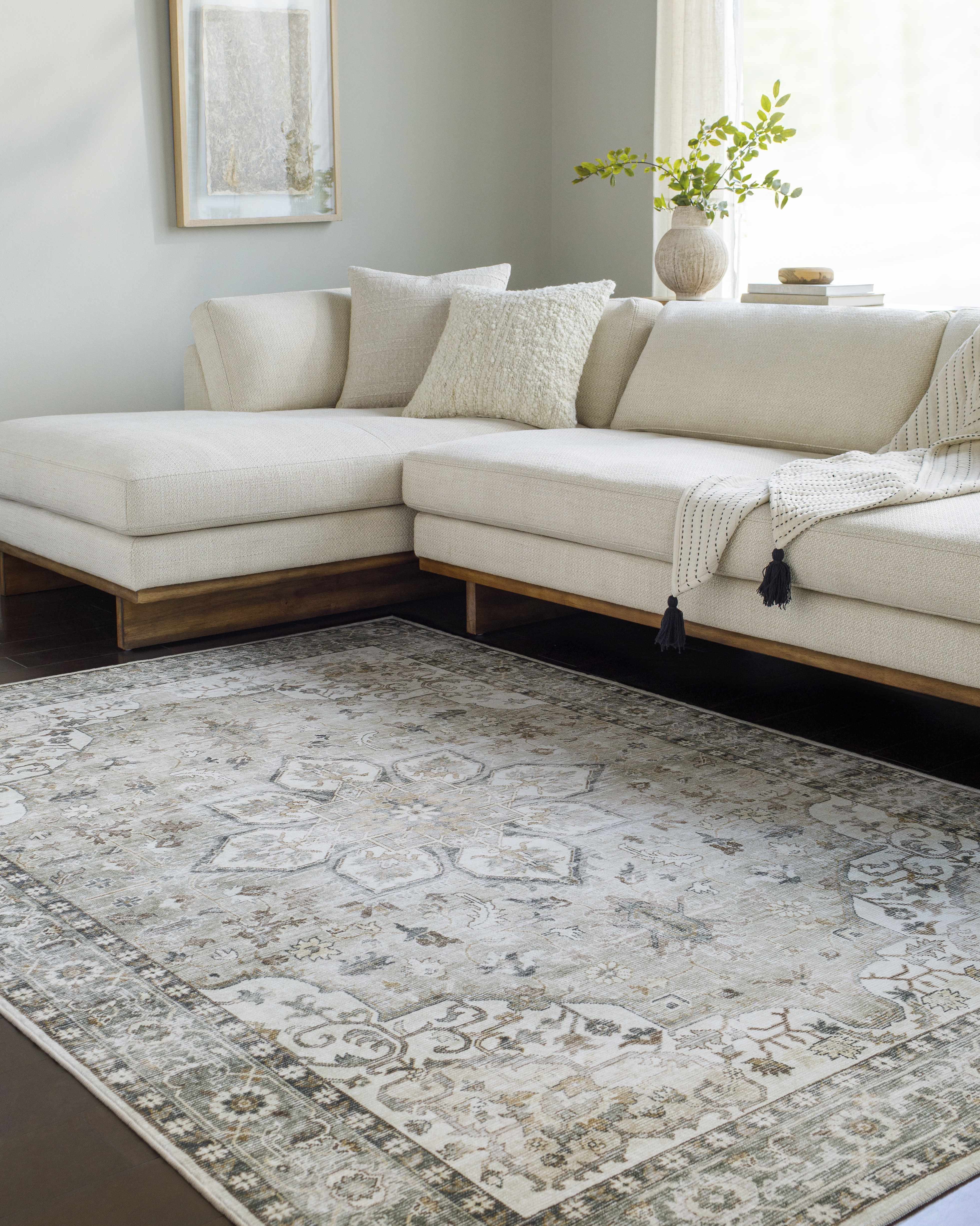 Luxe Sage Medallion Area Rug  Machine Washable Polyester