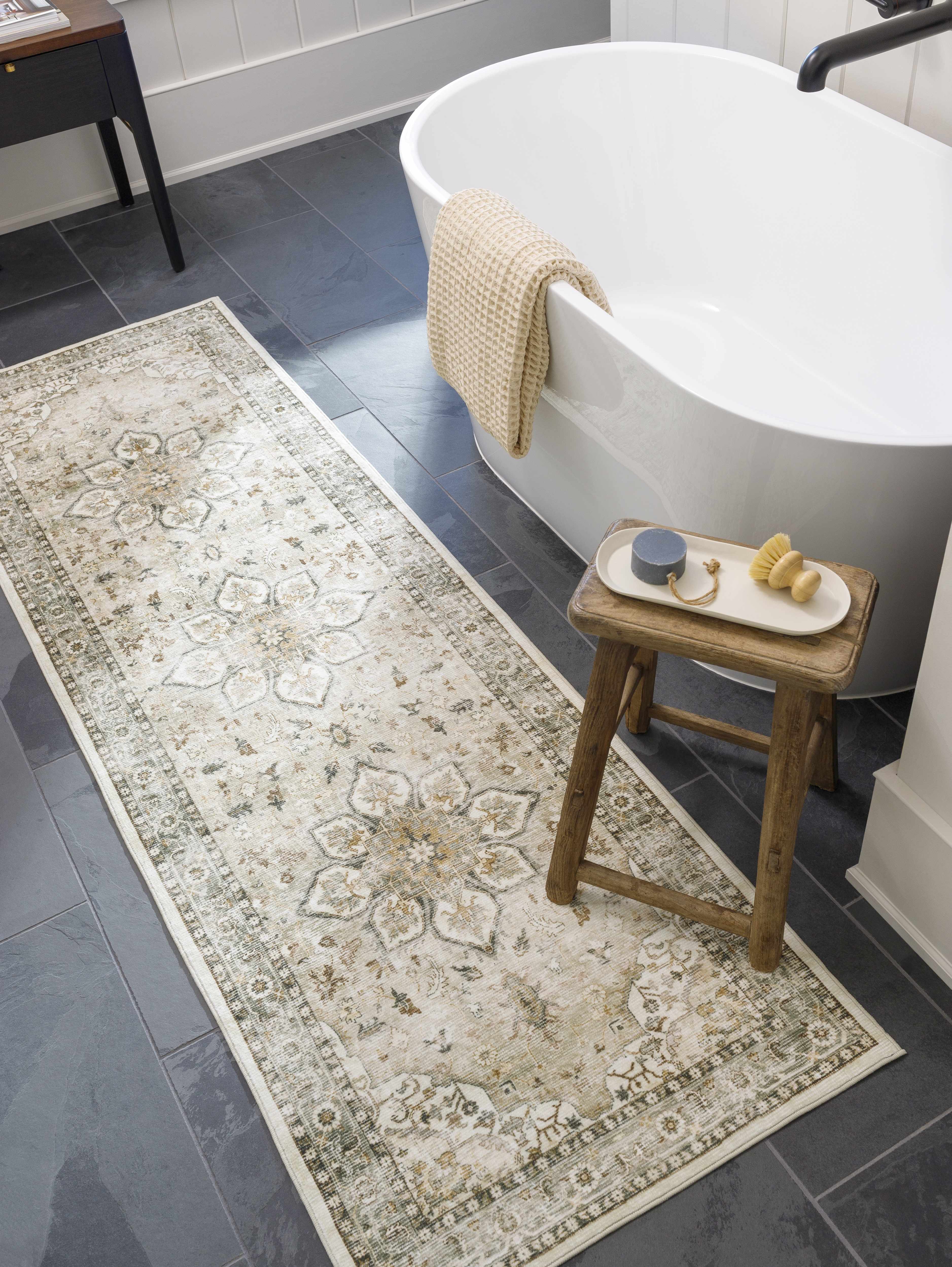 Luxe Sage Medallion Area Rug  Machine Washable Polyester