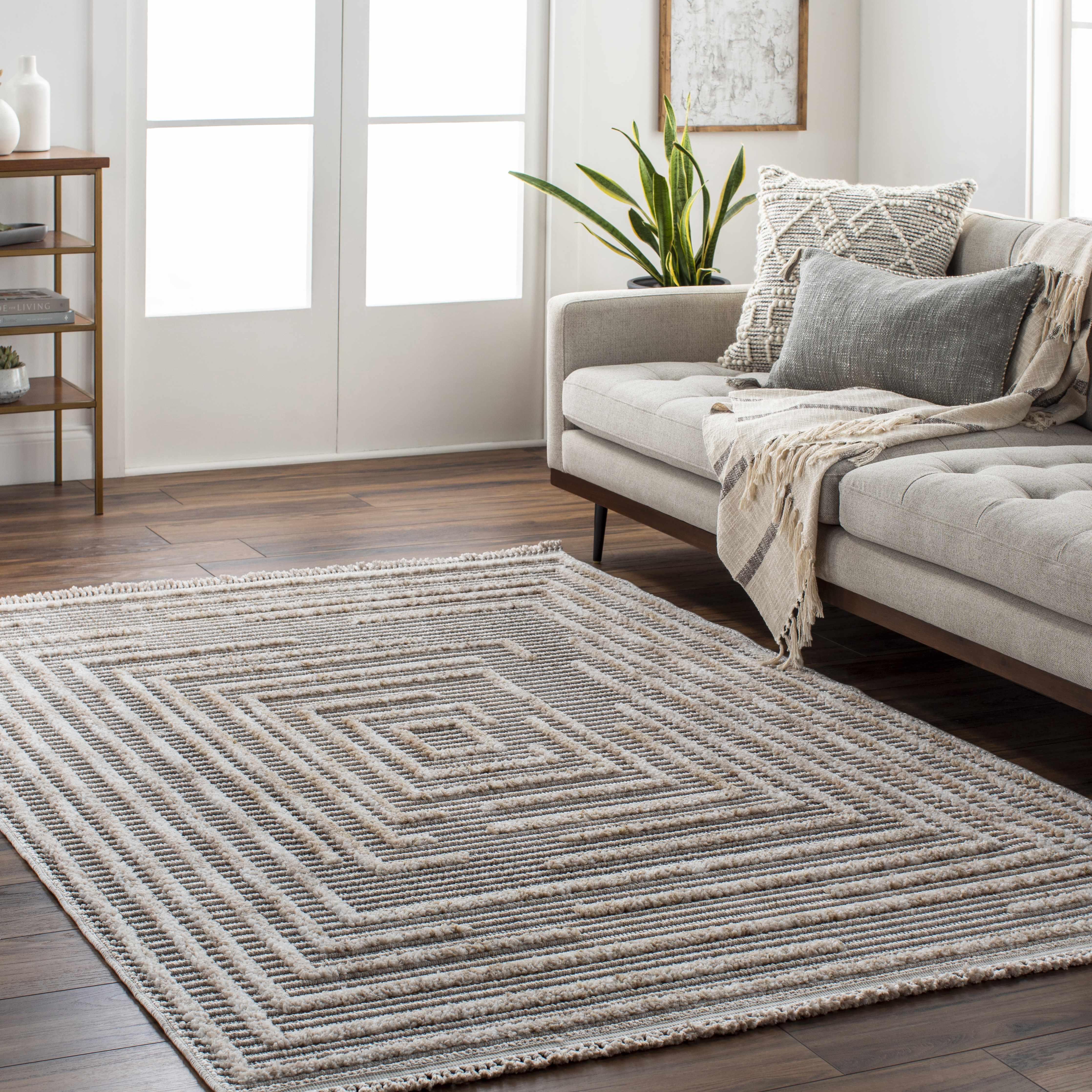 Lunara Area Rug  High Pile  Machine Woven Polyester  Charcoal/Cream