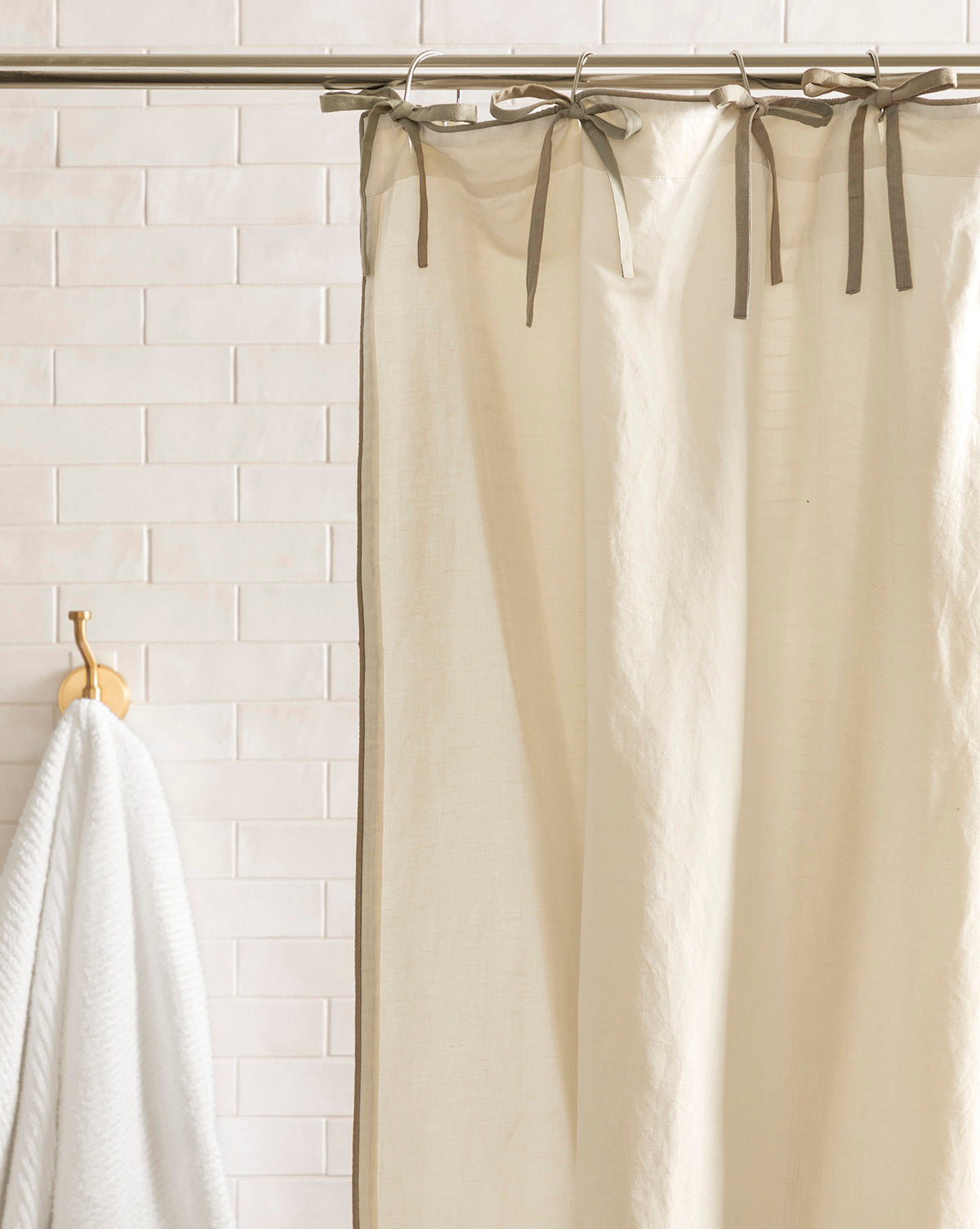 Luna Linen Shower Curtain  Lightweight with Green Border