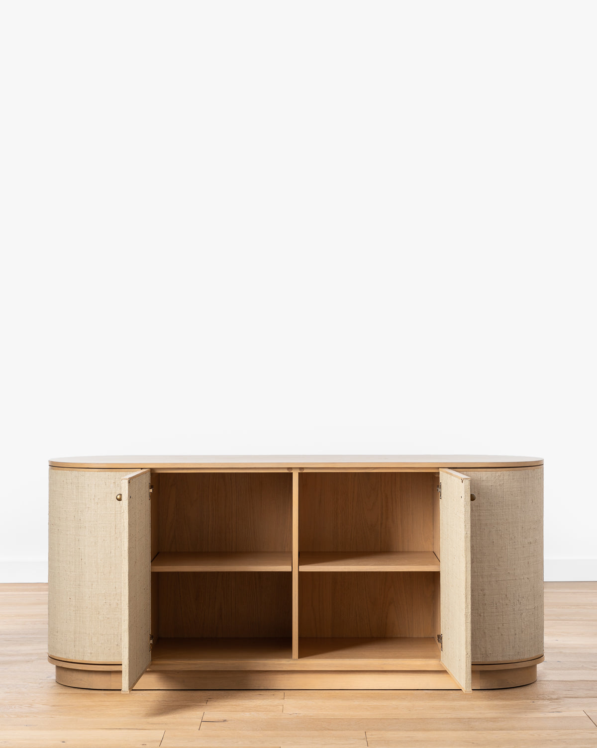 Luna Woven Sideboard  White Oak & Natural Grasscloth  Rounded Design