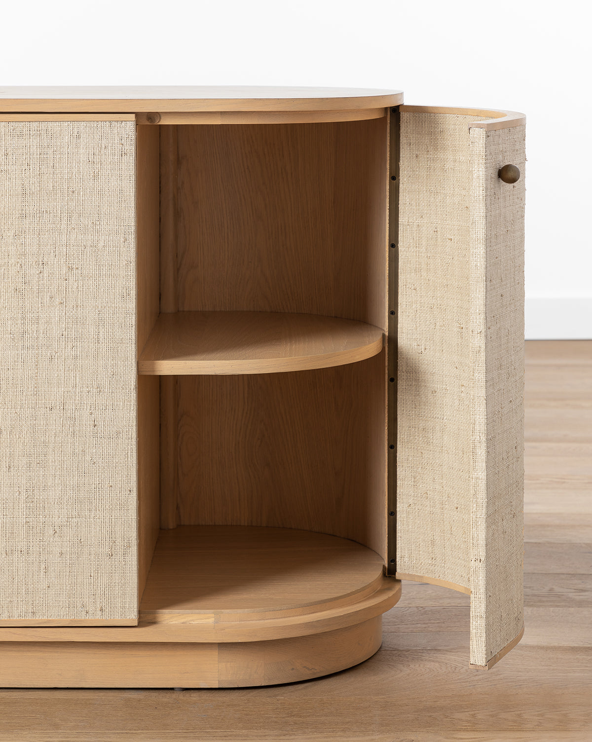 Luna Woven Sideboard  White Oak & Natural Grasscloth  Rounded Design