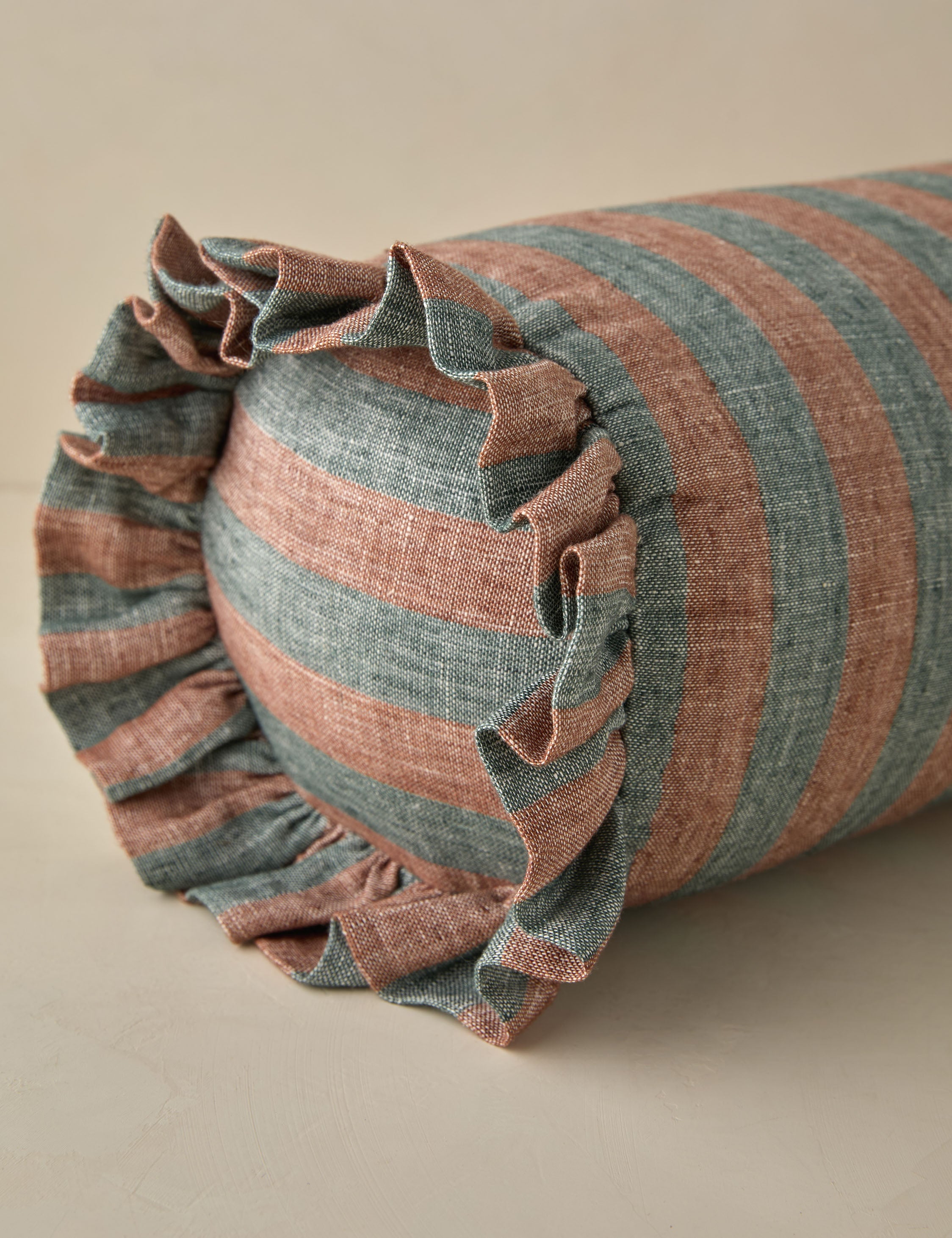 Bello Linen Bolster Pillow | Striped Design, Ruffled Ends