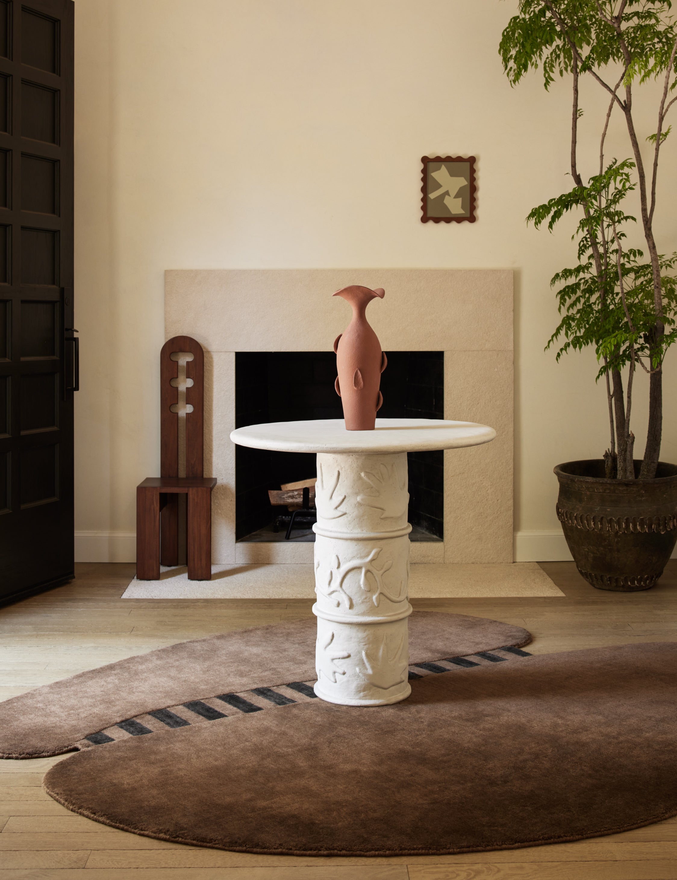 Riva Accent Stool | Tall Cutout Back, Rich Mahogany Grain