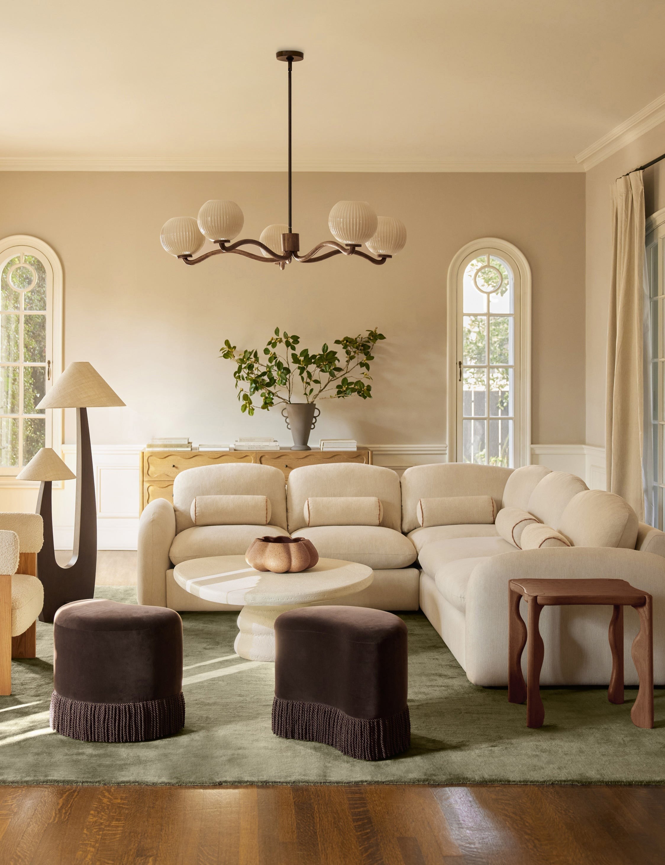 Nara Chandelier | Polished Wood Grain & Fluted Glass Globes