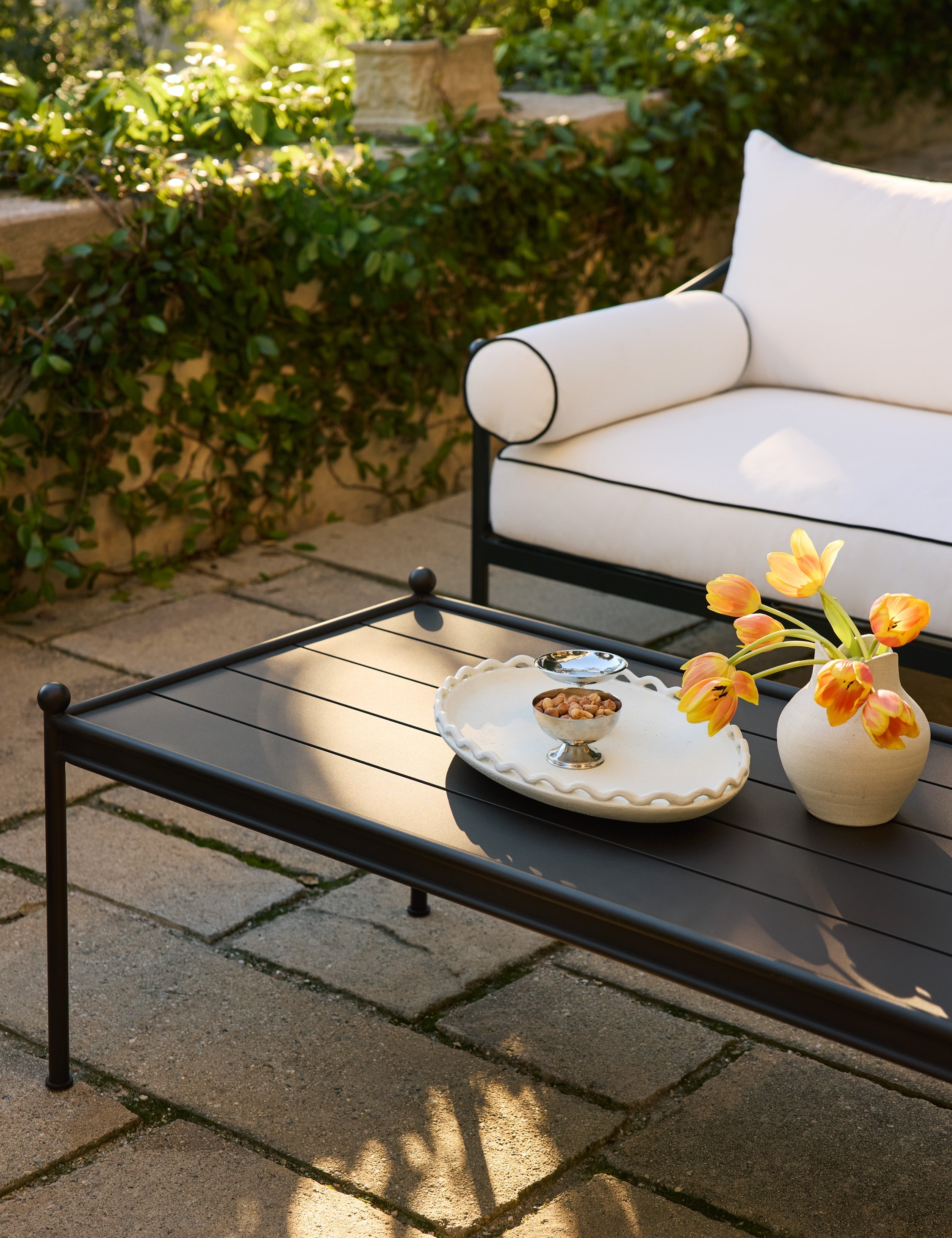 Luna Outdoor Coffee Table | Black Metal Frame, Slatted Top