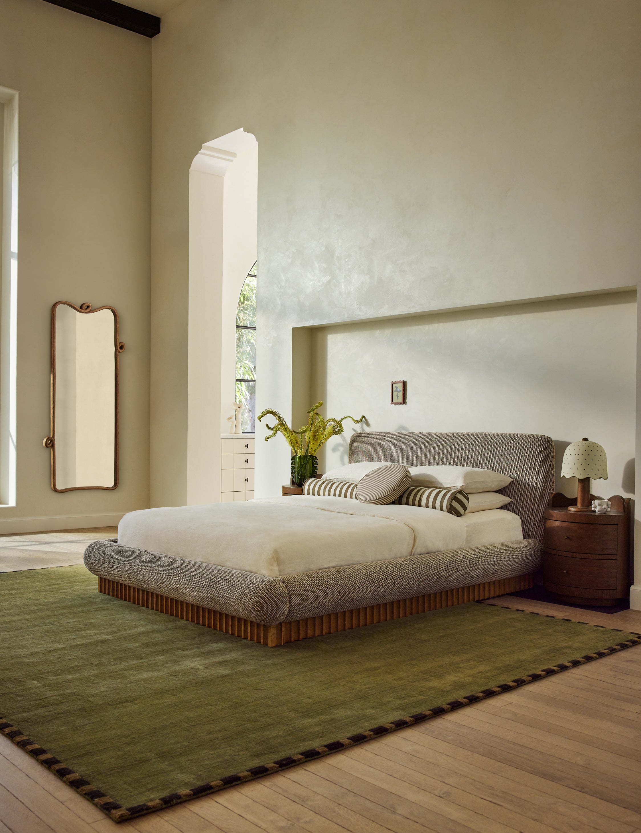 Bello Bed Frame | Plush Bouclé Upholstery, Rippled Wooden Base