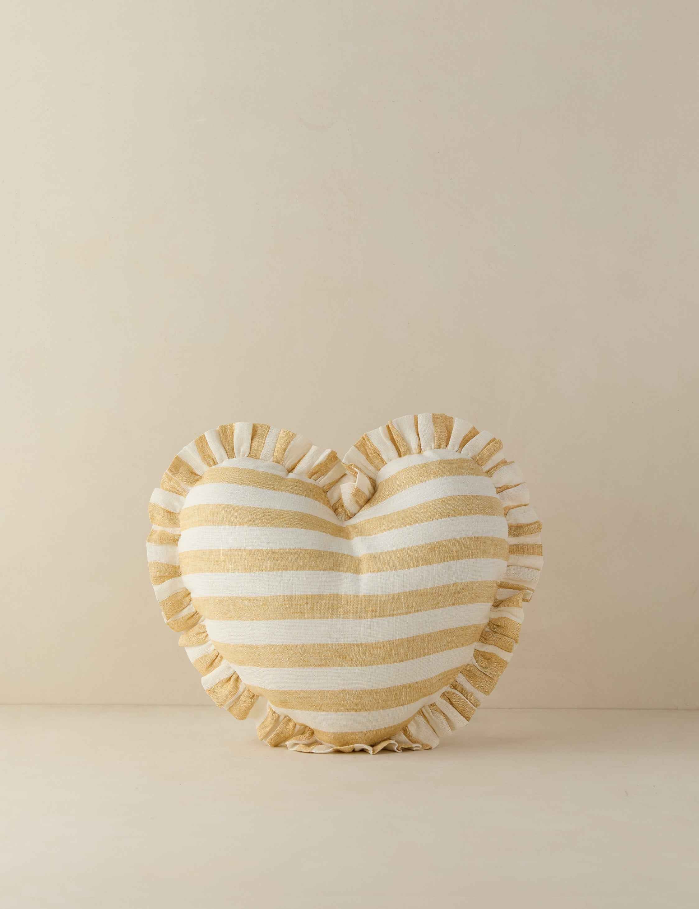 Bela Linen Heart Pillow | Striped Design with Ruffled Flange
