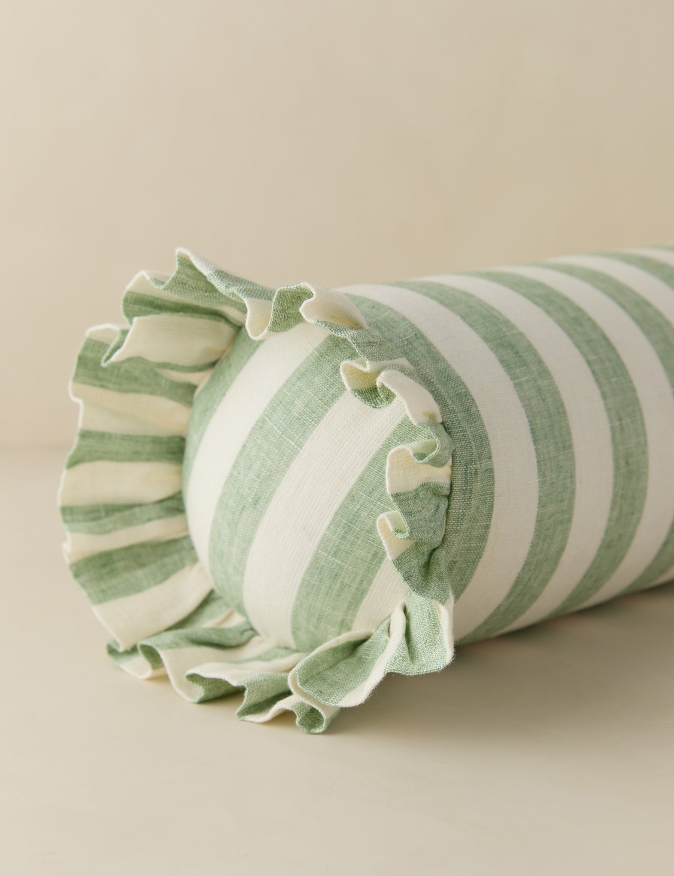 Bello Linen Bolster Pillow | Striped Design, Ruffled Ends