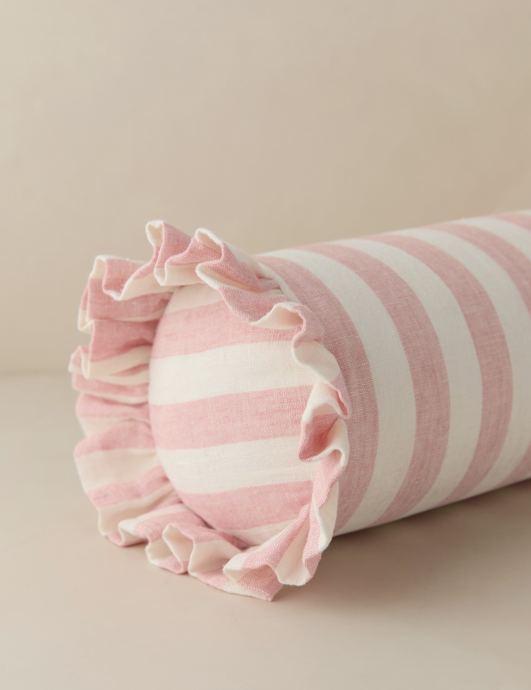 Bello Linen Bolster Pillow | Striped Design, Ruffled Ends