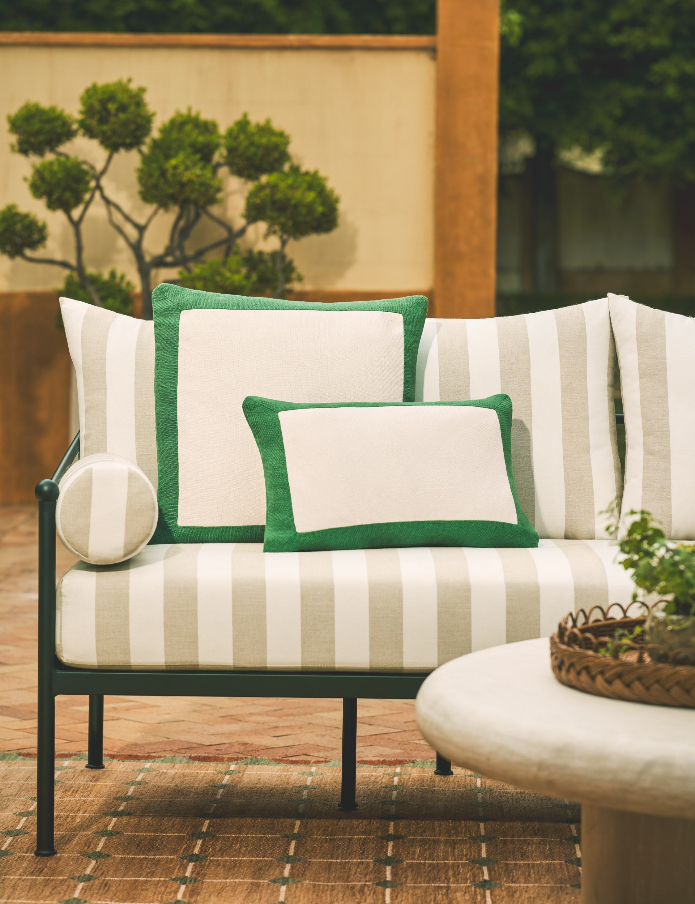 Amica Outdoor Pillow | Colorful Border, Antique White Center