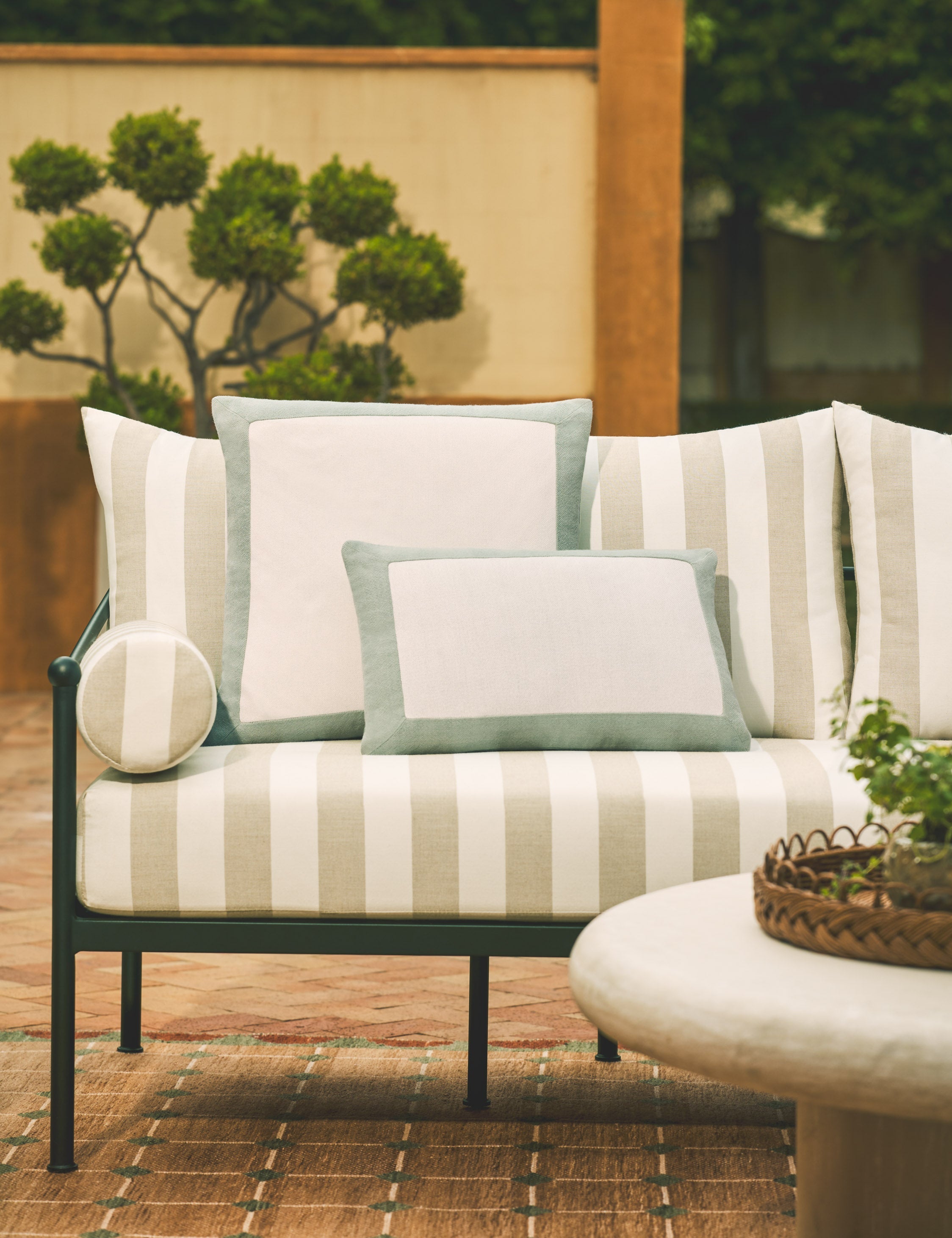 Amica Outdoor Pillow | Colorful Border, Antique White Center