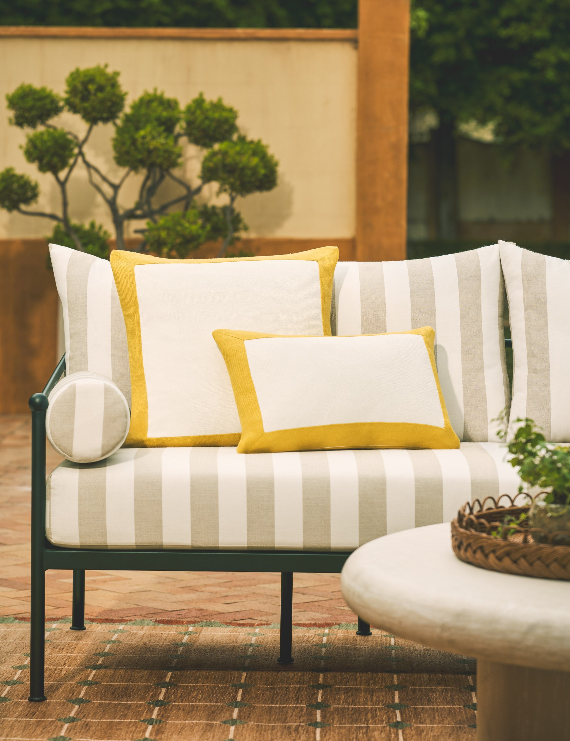 Amica Outdoor Pillow | Colorful Border, Antique White Center