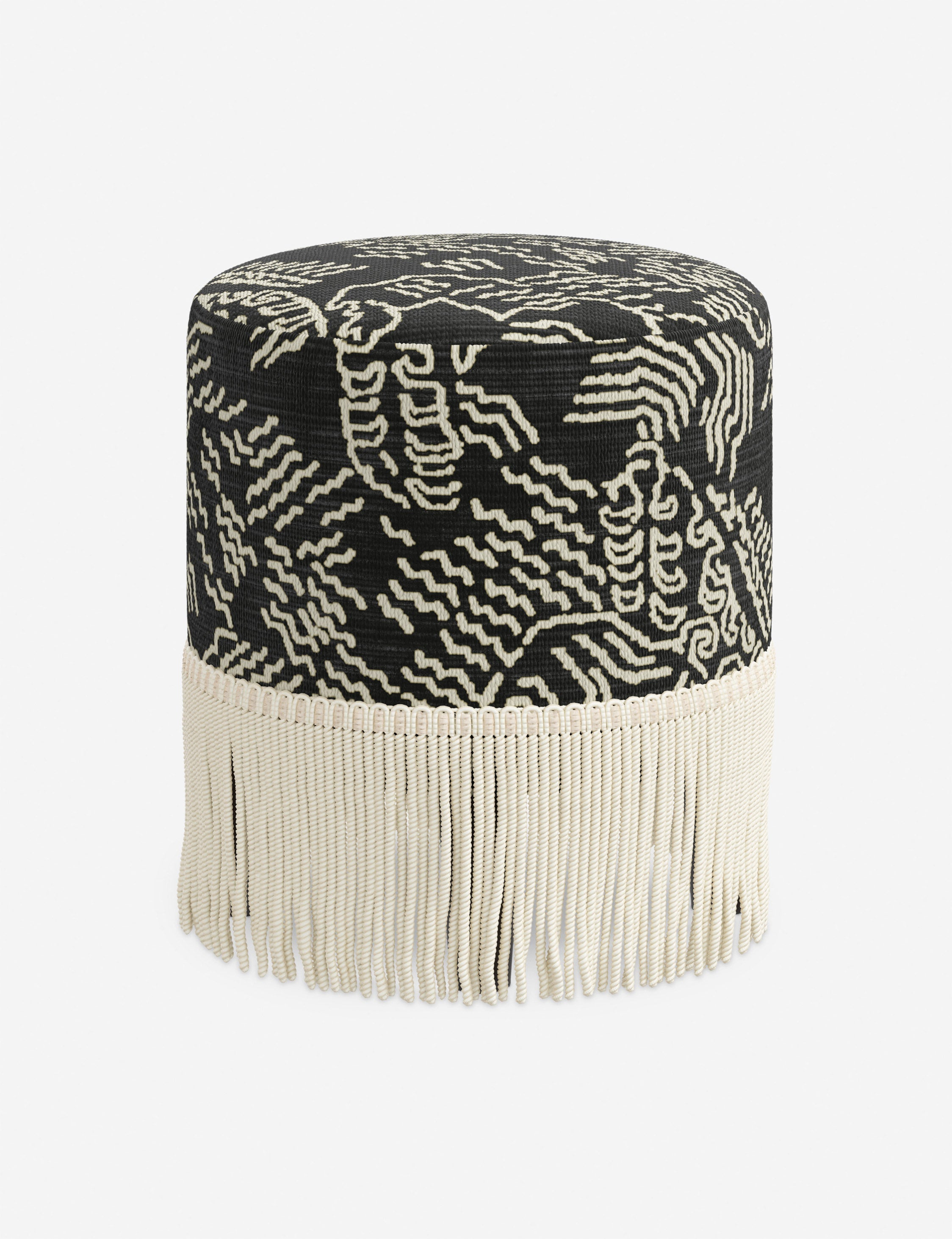 Aura Round Ottoman | Fringe Trim, Custom Upholstery