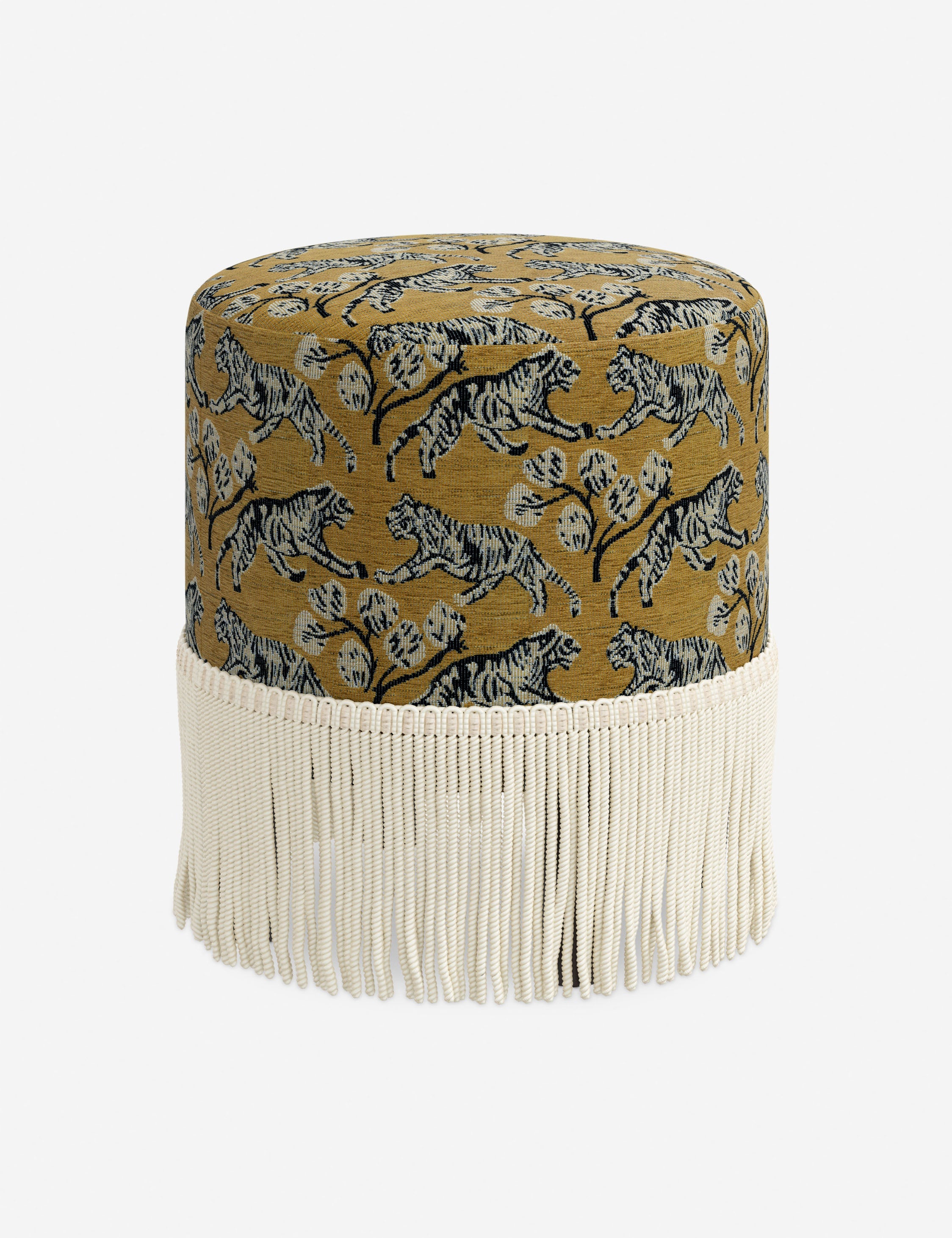 Aura Round Ottoman | Fringe Trim, Custom Upholstery
