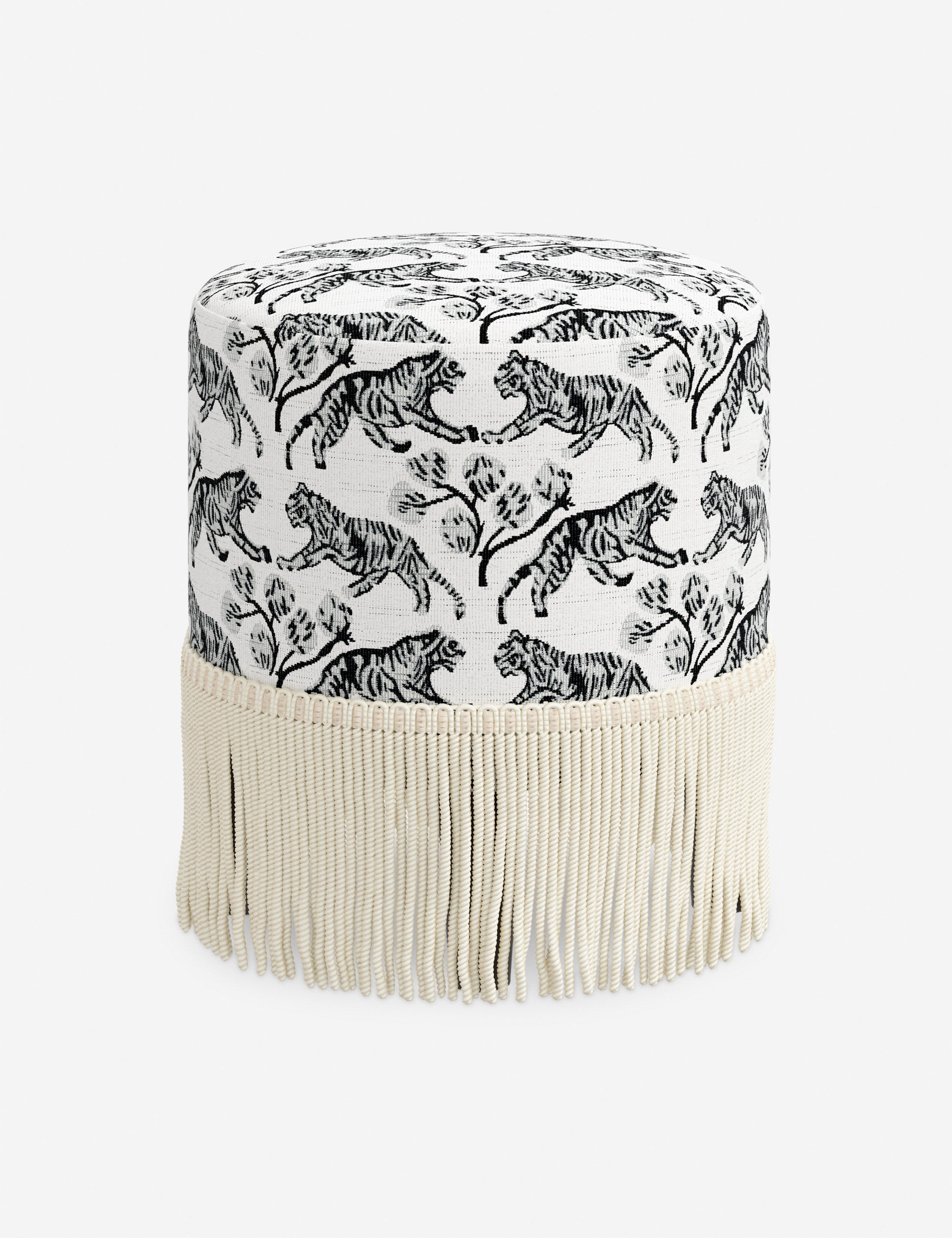 Aura Round Ottoman | Fringe Trim, Custom Upholstery
