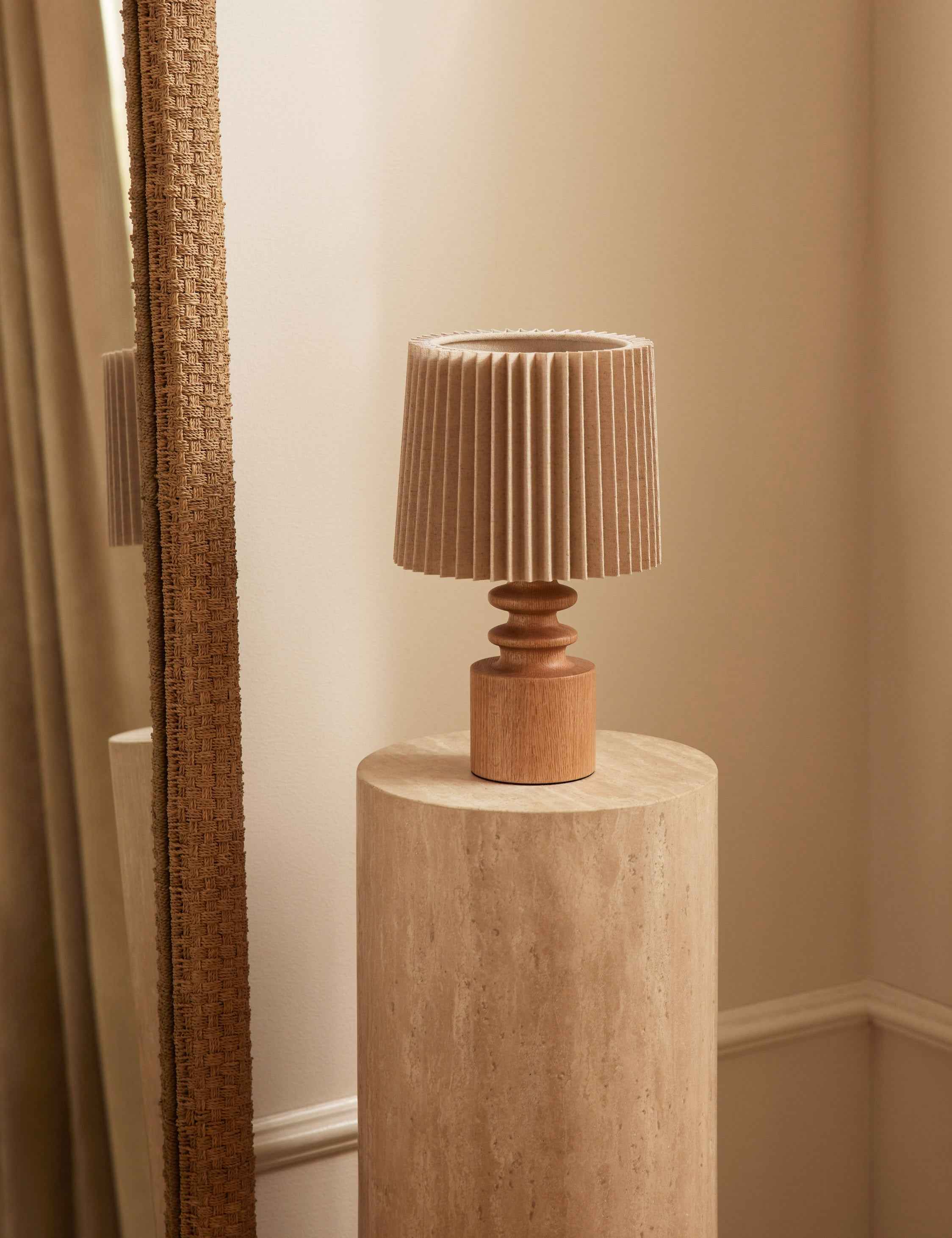 Juno Table Lamp | Turned Wood Base, Pleated Linen Shade