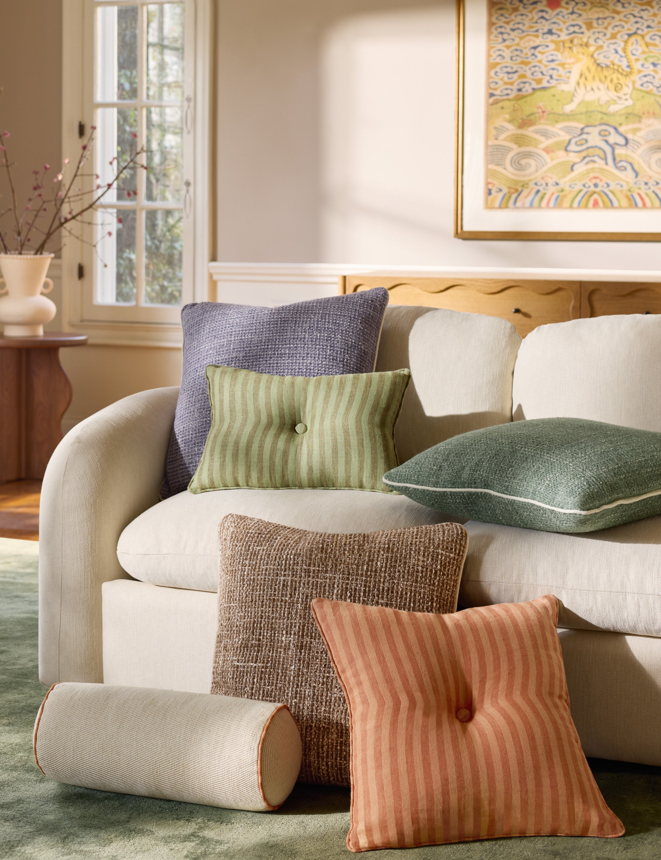 Enzi Throw Pillow | Tweed Fabric, Contrast Piping