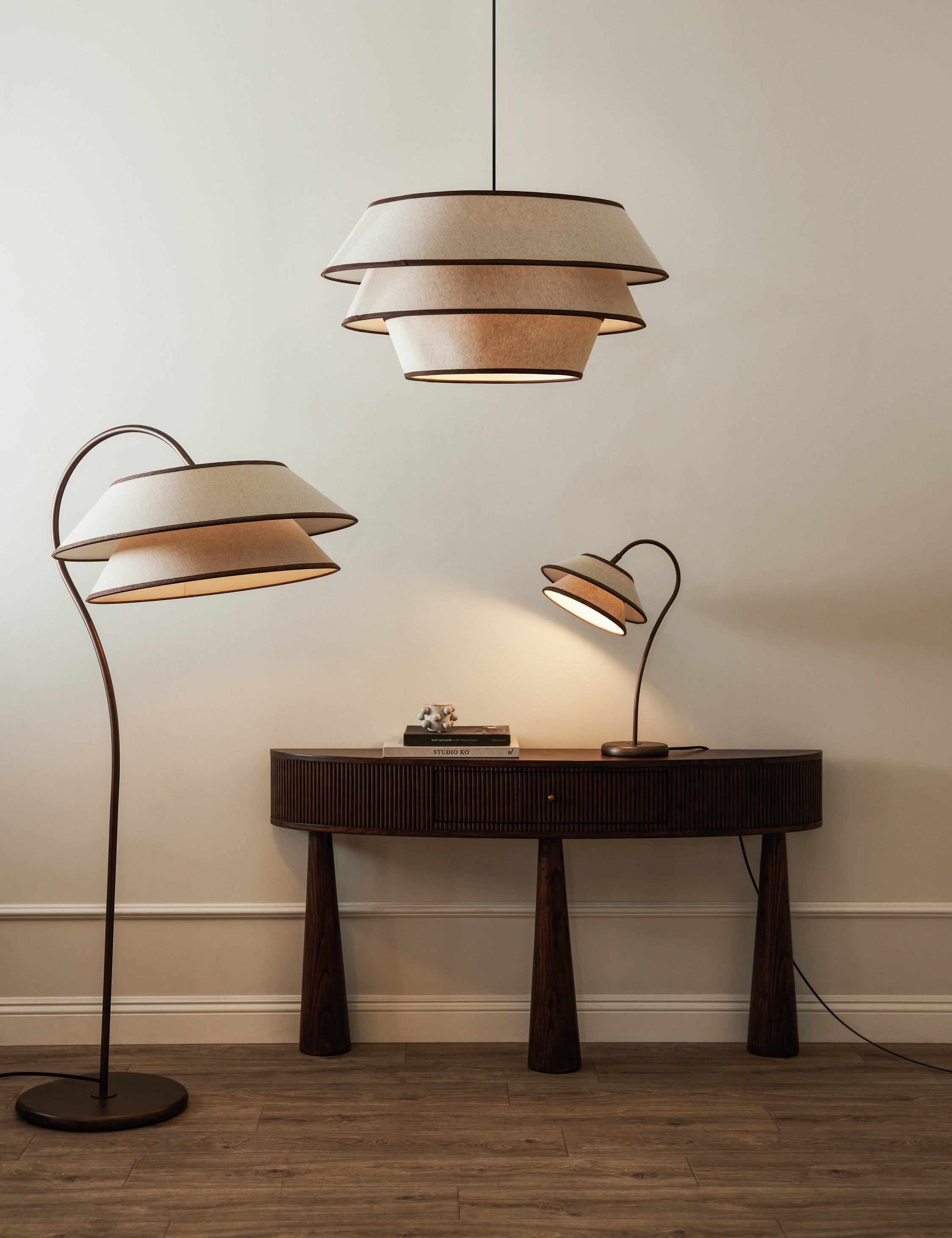 Pivo Pendant Light | Ivory Linen Shade with Toffee Trim